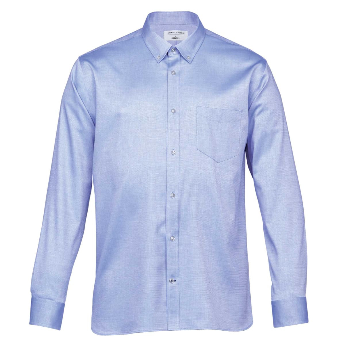 A light blue button-up shirt with long sleeves and a single chest pocket. It features a brand logo.