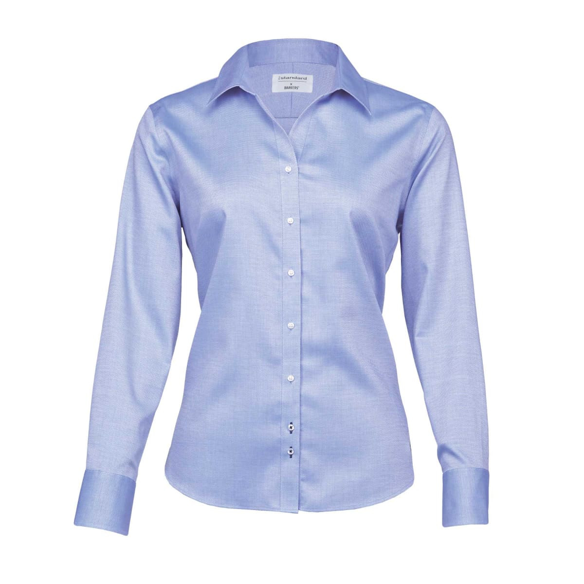 A women's button-up shirt in light blue, featuring a classic collar and long sleeves. It has a logo tag.