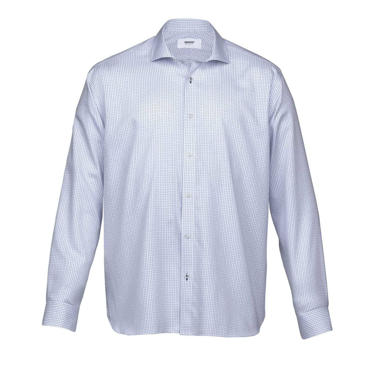 A button-up men's shirt in a blue and white check pattern, featuring a collar and long sleeves. It has a logo.