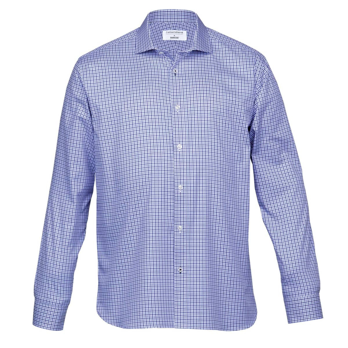 A blue and white check button-up shirt with long sleeves and a collar, featuring a branded label.