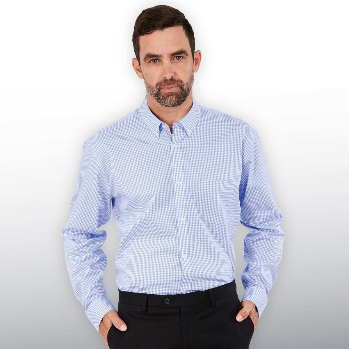 A button-up men's shirt in a blue and white check pattern, featuring a collar and long sleeves. It has a logo.