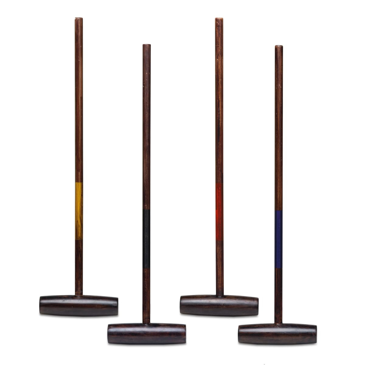 A backyard croquet set featuring four wooden mallets with coloured markings in yellow, black, red, and purple.