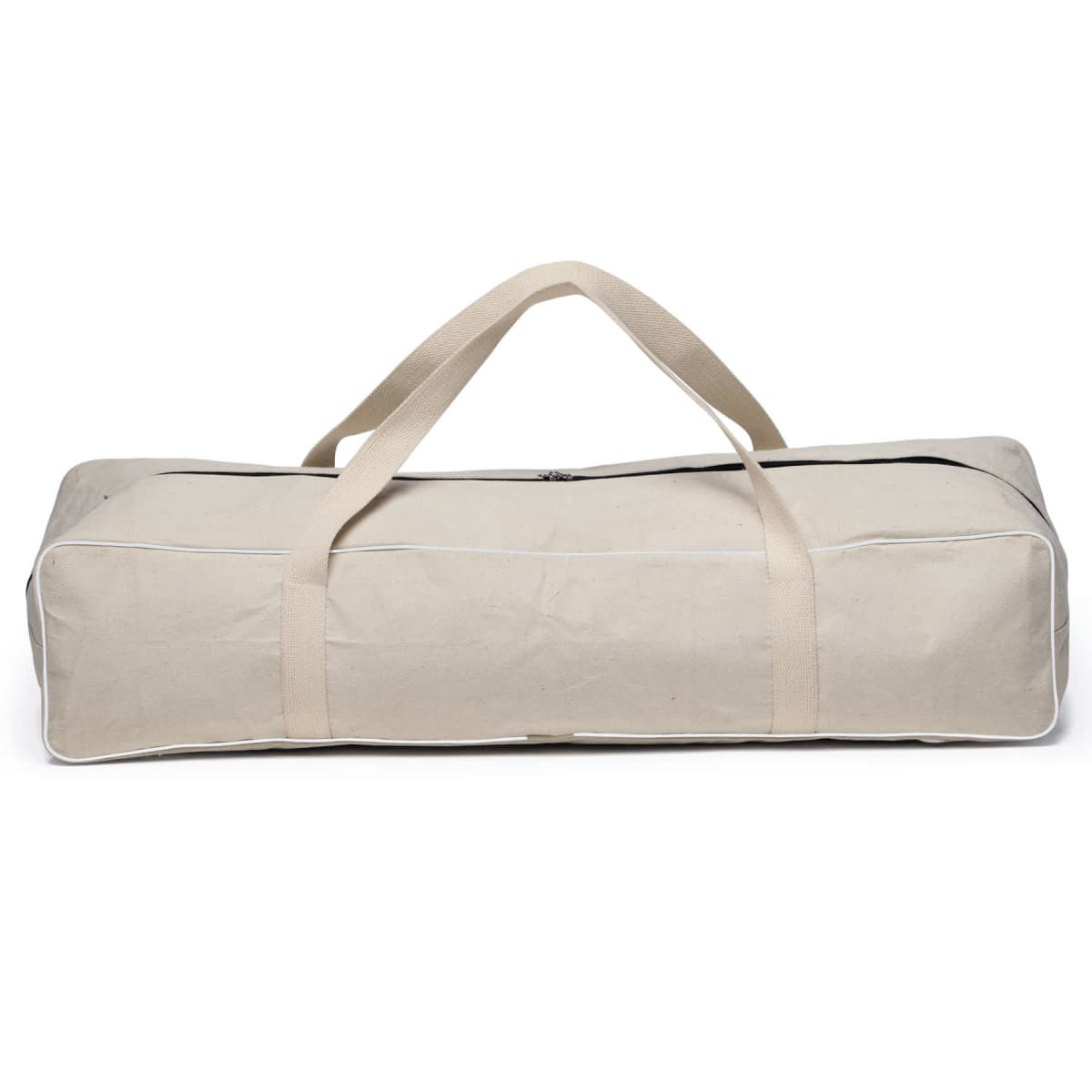 A beige carry bag with handles, designed for transporting a Backyard Croquet Set, featuring a zip closure.