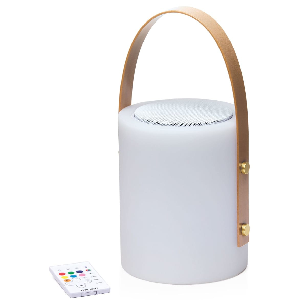 A white speaker lamp with a leather handle and a remote control, featuring a sleek cylindrical design.