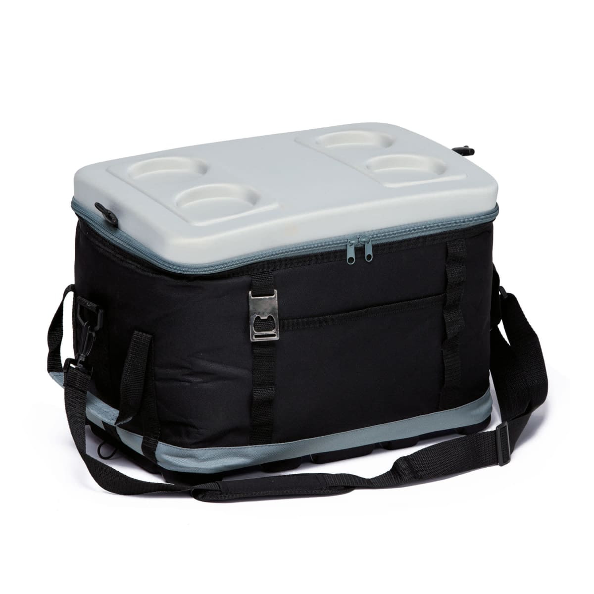 A black cooler bag with a light grey lid featuring cup holders, equipped with a shoulder strap.