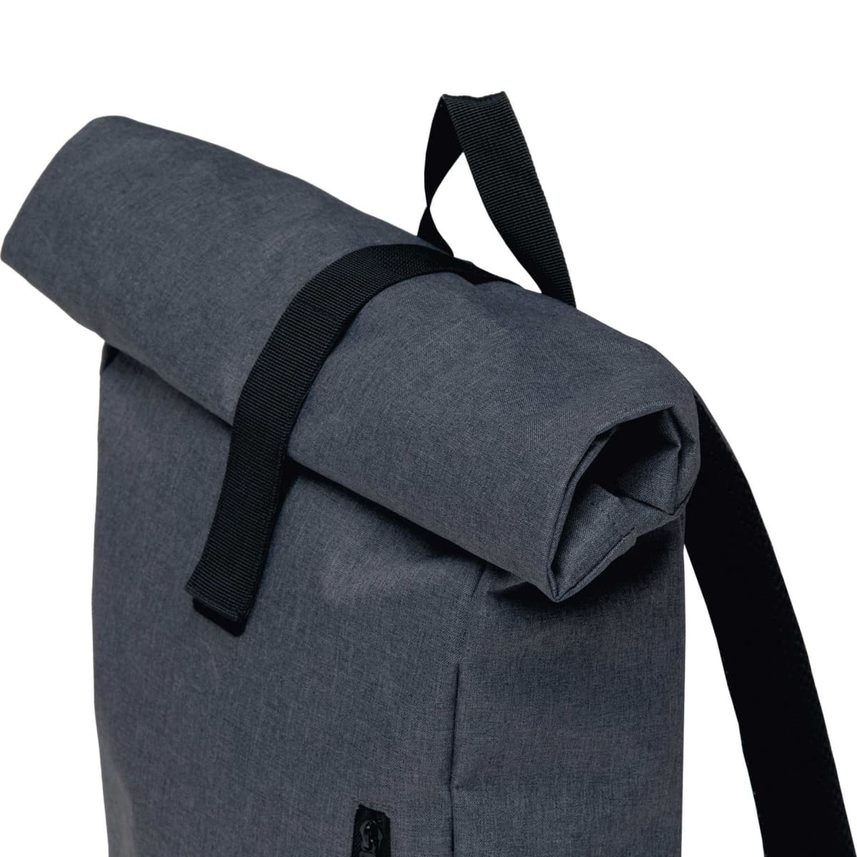 A grey roll-top backpack with black straps and a logo. The backpack has a sleek, minimalist design.