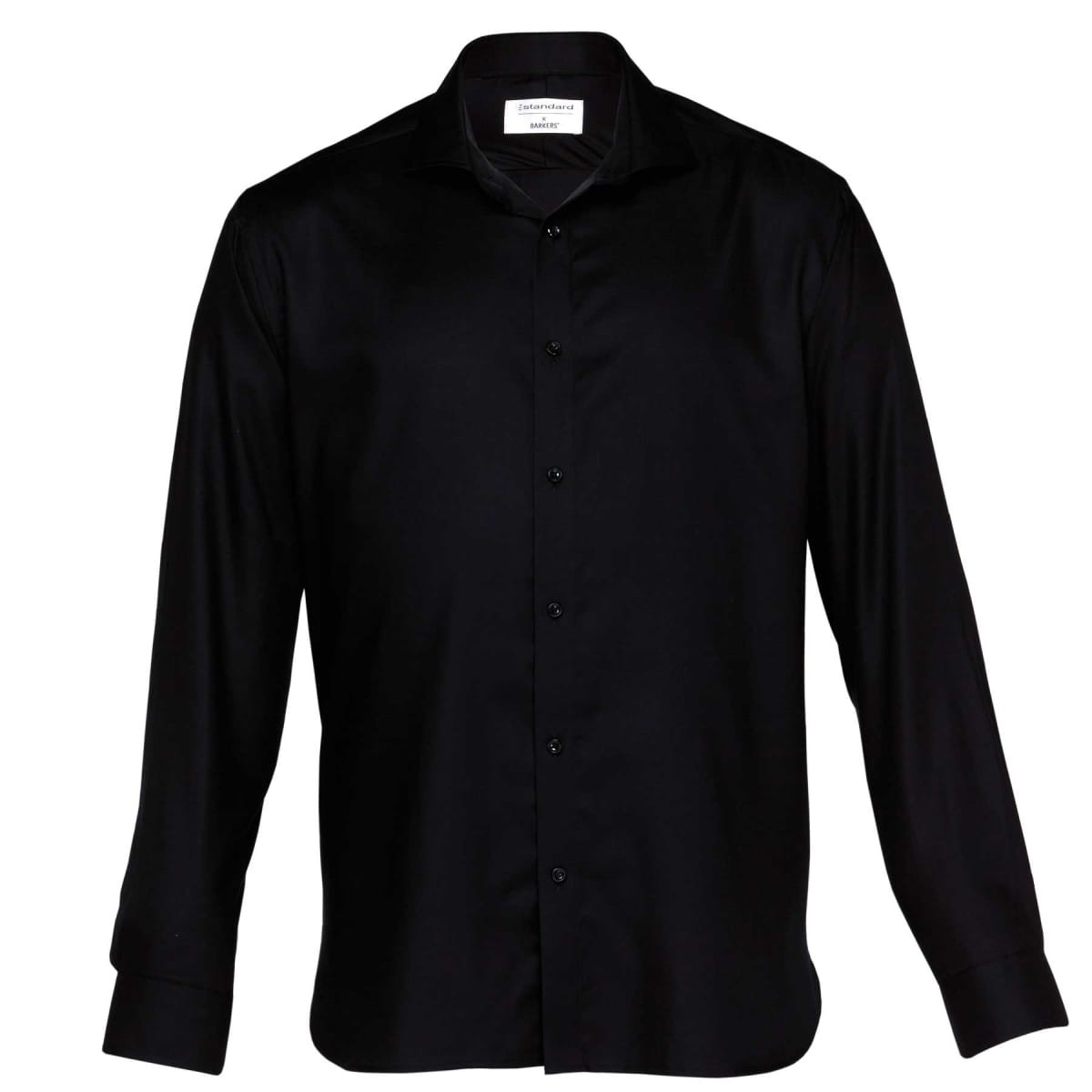 A black button-up shirt with a classic collar and long sleeves, featuring a logo on the label.