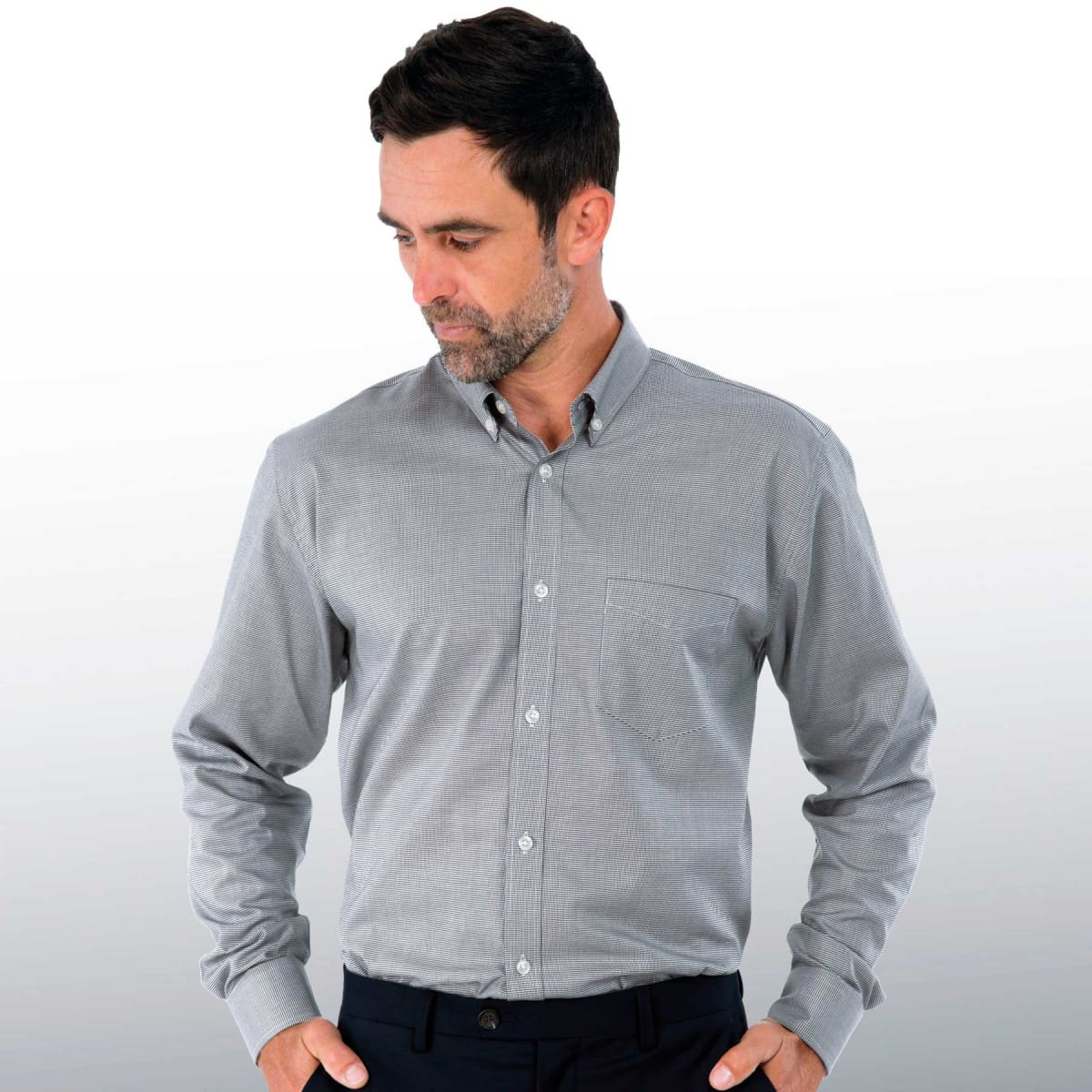A men's button-up shirt in a light grey colour with long sleeves and a chest pocket, featuring a logo.