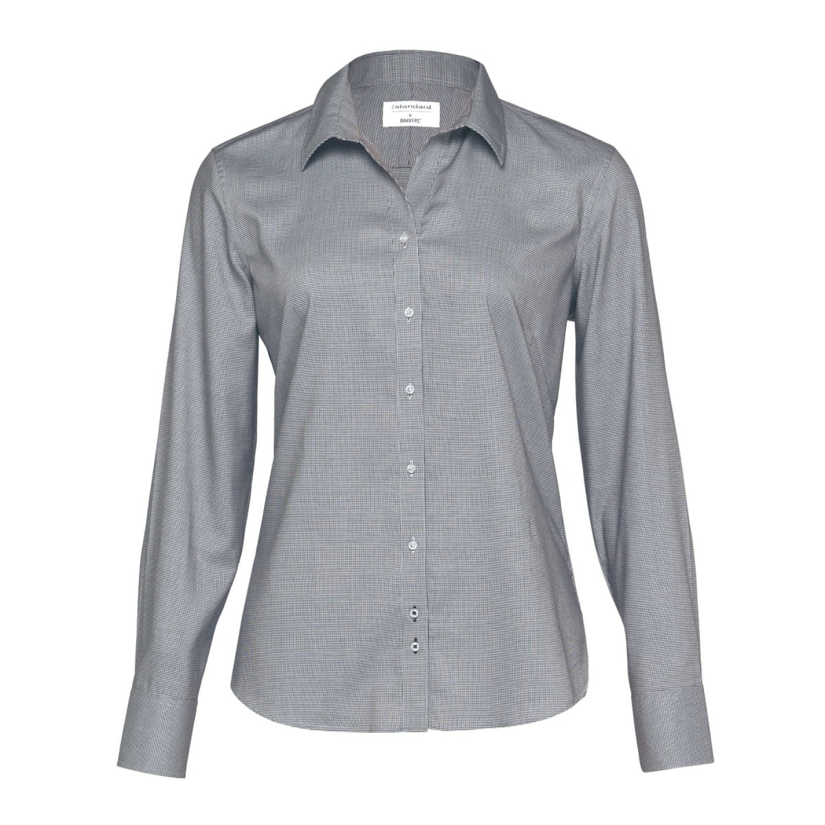 A grey button-up shirt for women with a collar and long sleeves, featuring a logo.