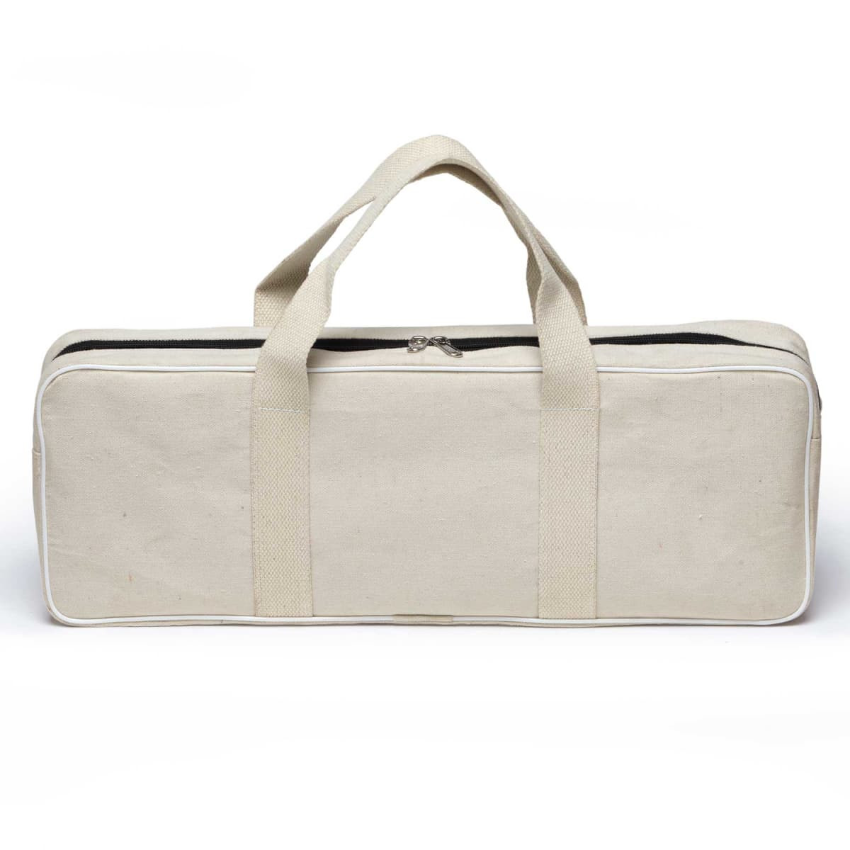 A beige carrying bag with handles and a zippered closure, featuring contrasting white stitching.