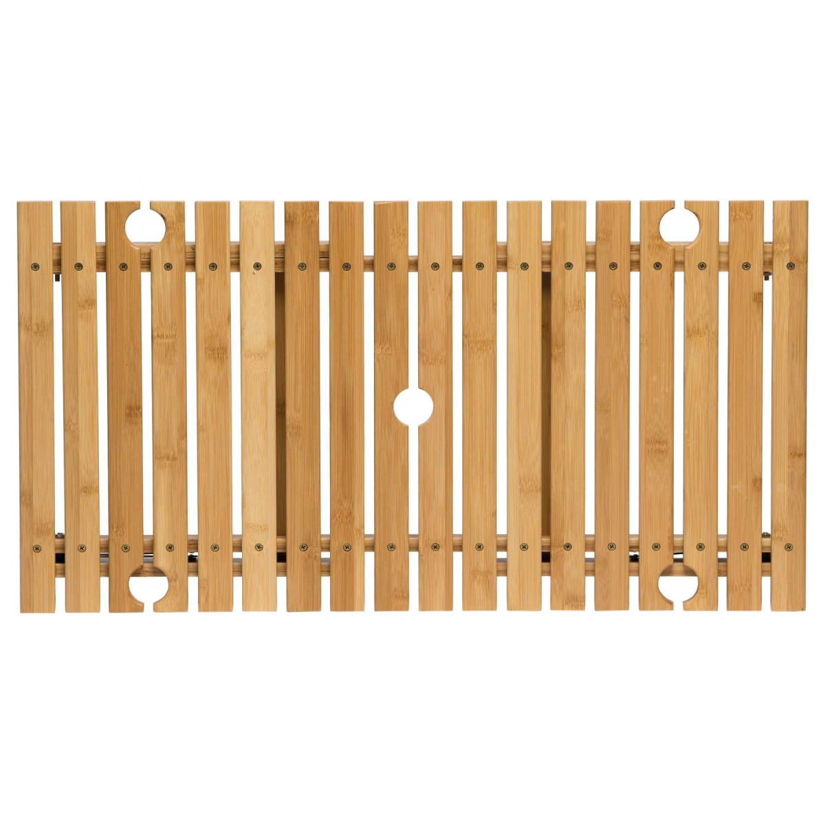 A rectangular bamboo table with slatted design, featuring a central hole and two side openings.