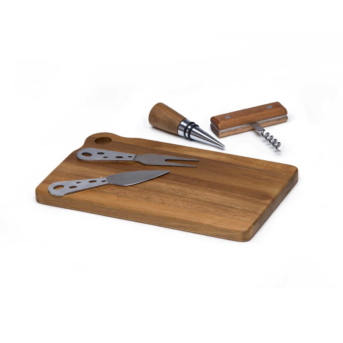 A wooden cheese board set featuring stainless steel knives, a corkscrew, and a bottle stopper.