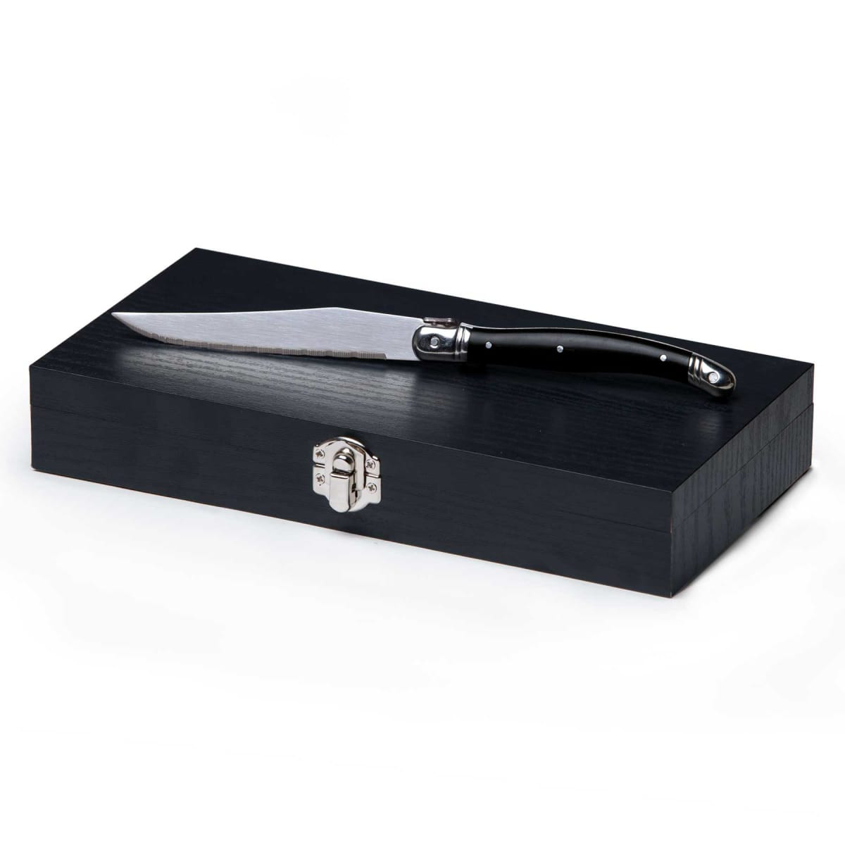 A six-piece knife set with stainless steel blades and black handles, presented in a sleek black wooden box.