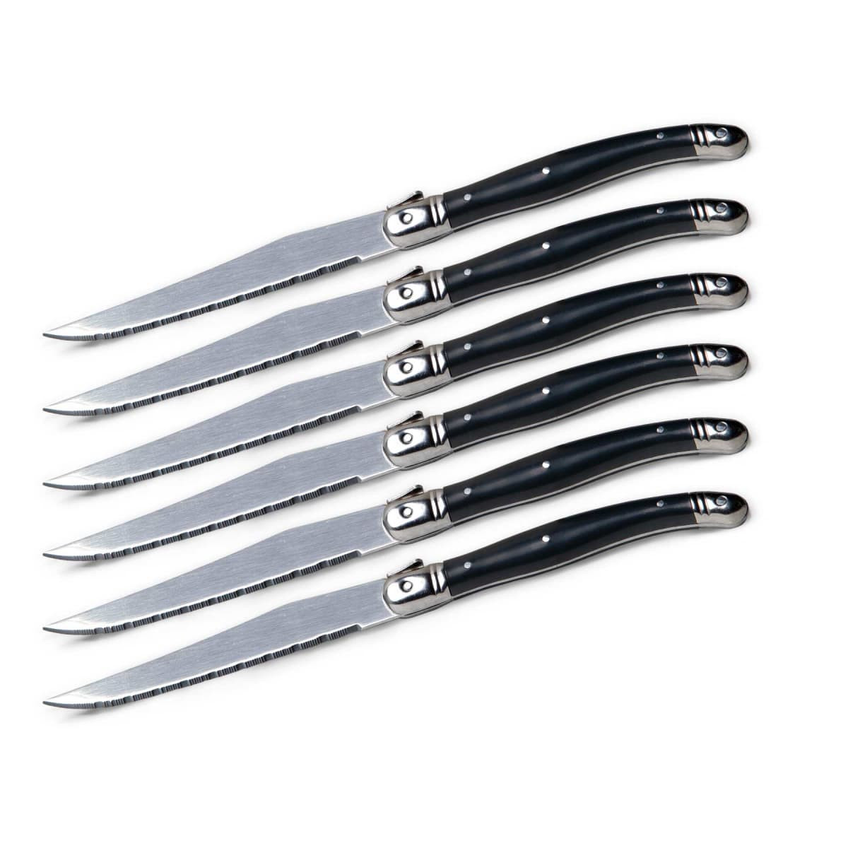 A set of six knives with stainless steel blades and black plastic handles, featuring a sleek design and branding.