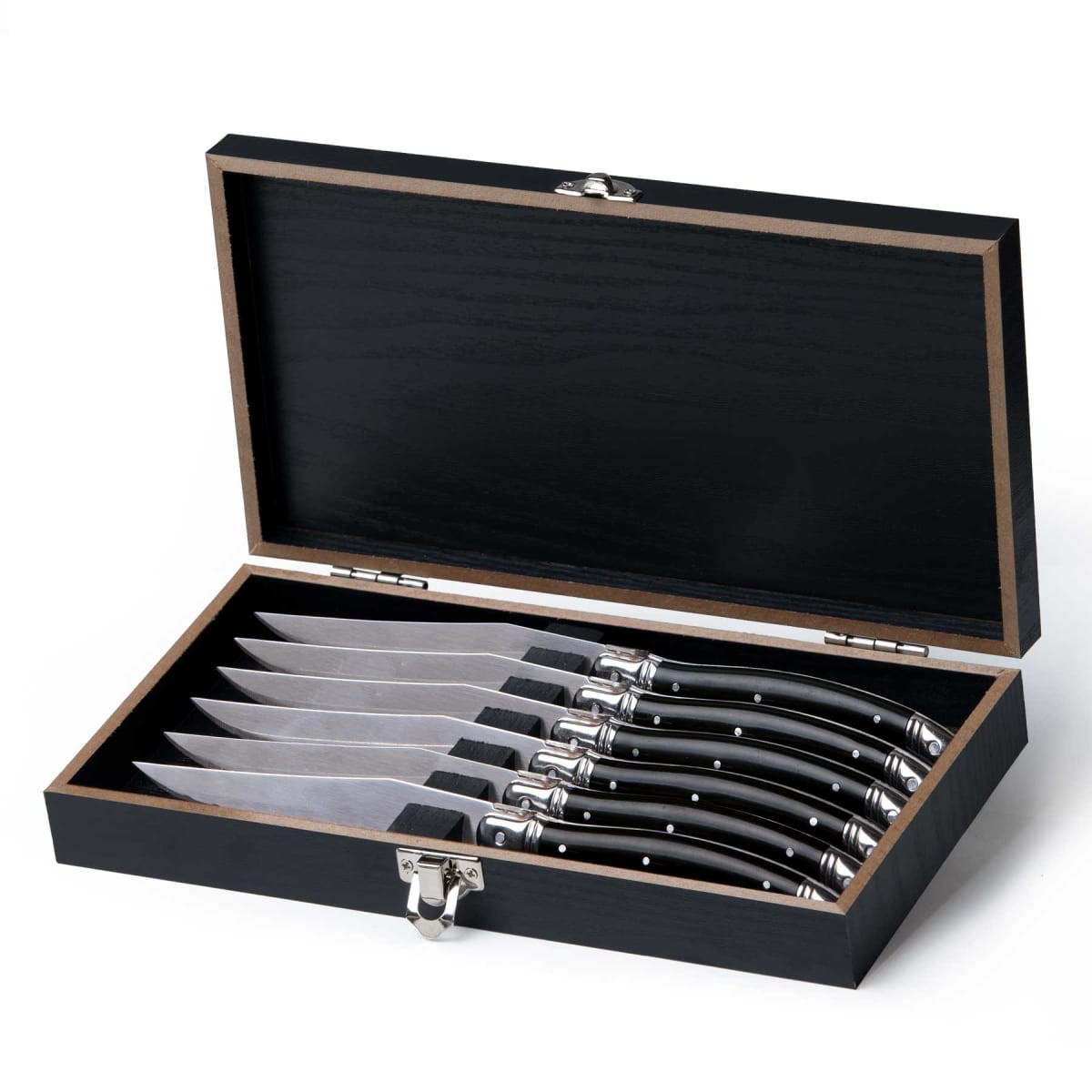 A Euro 6 pcs knife set in a black wooden box, featuring silver-toned blades and black handles.