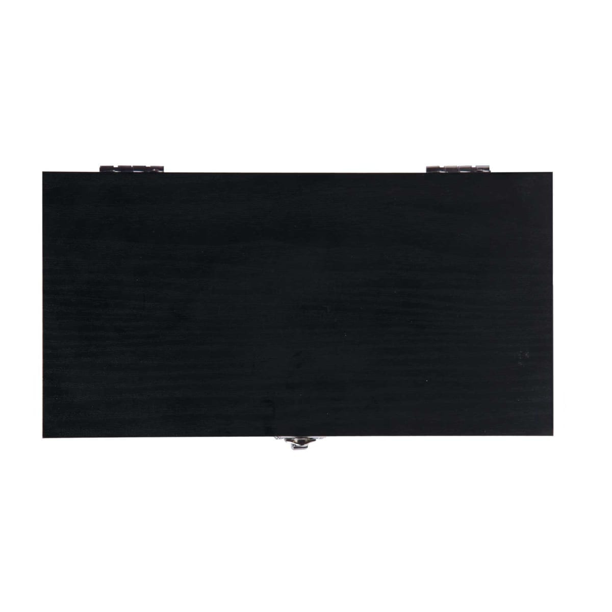 A black wooden cheese board with metal hinges and a clasp. The surface is smooth and unmarked.