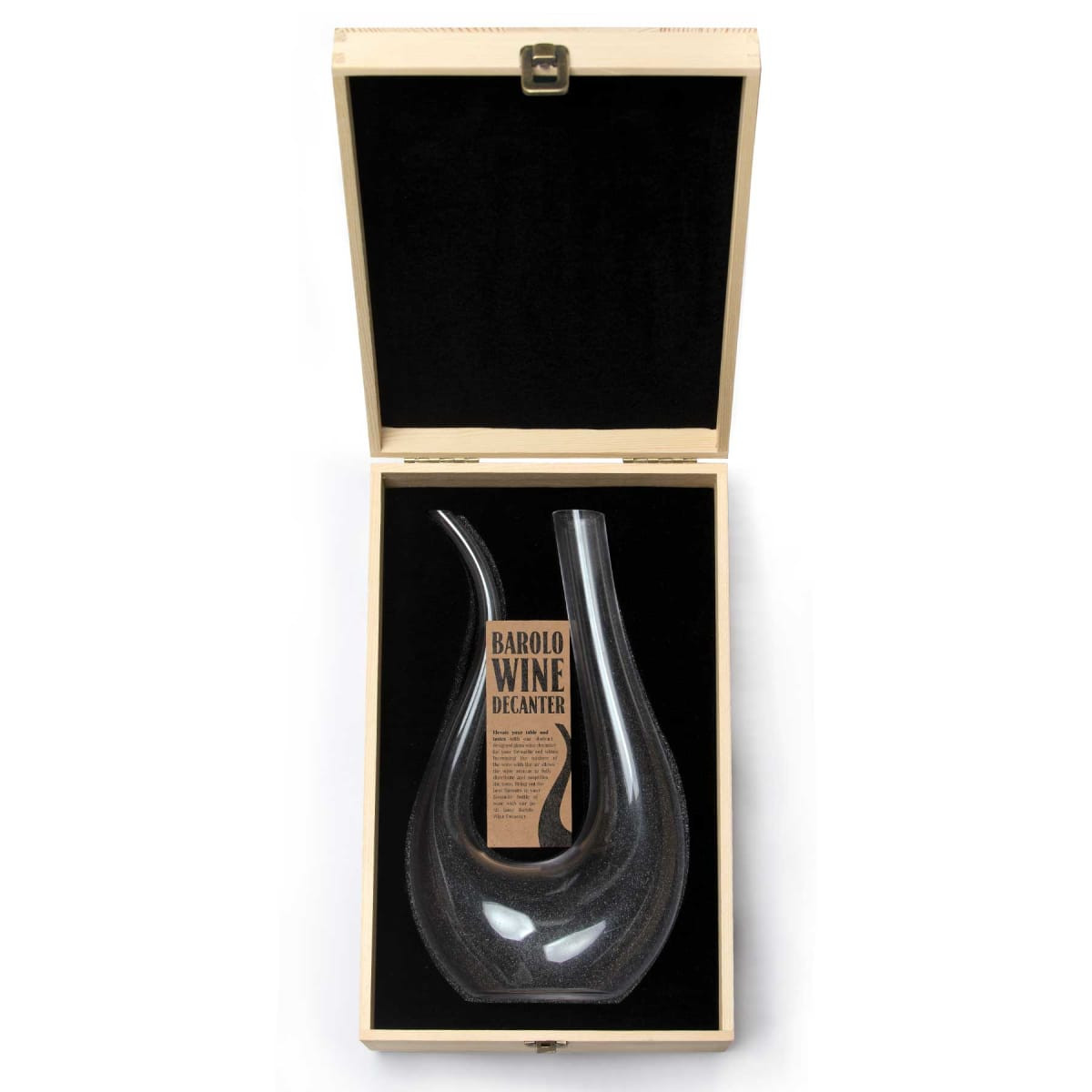 A sleek black glass decanter displayed in a wooden box with a black velvet lining. It features a branding logo.
