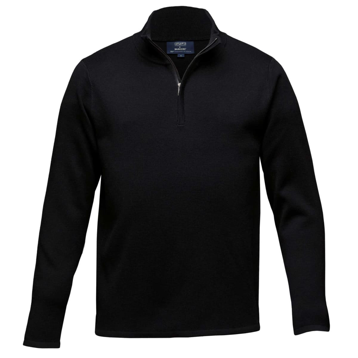 A black, long-sleeve shirt with a quarter-zip neckline, featuring a logo on the chest.