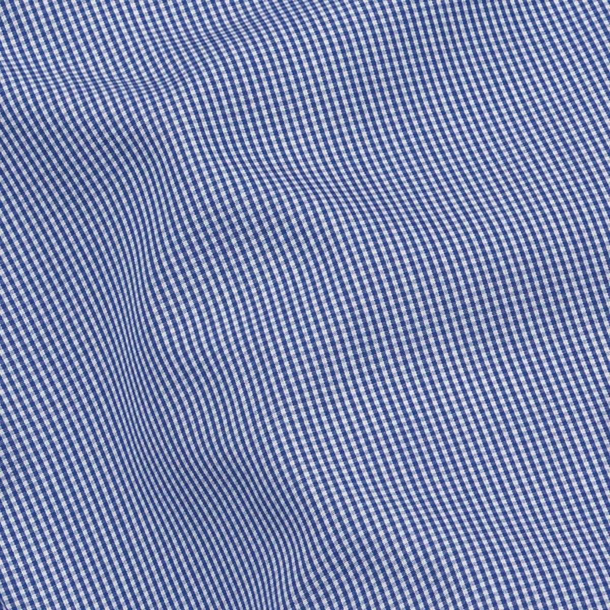 A blue and white checked fabric featuring a small gingham pattern, suitable for a button-up shirt.