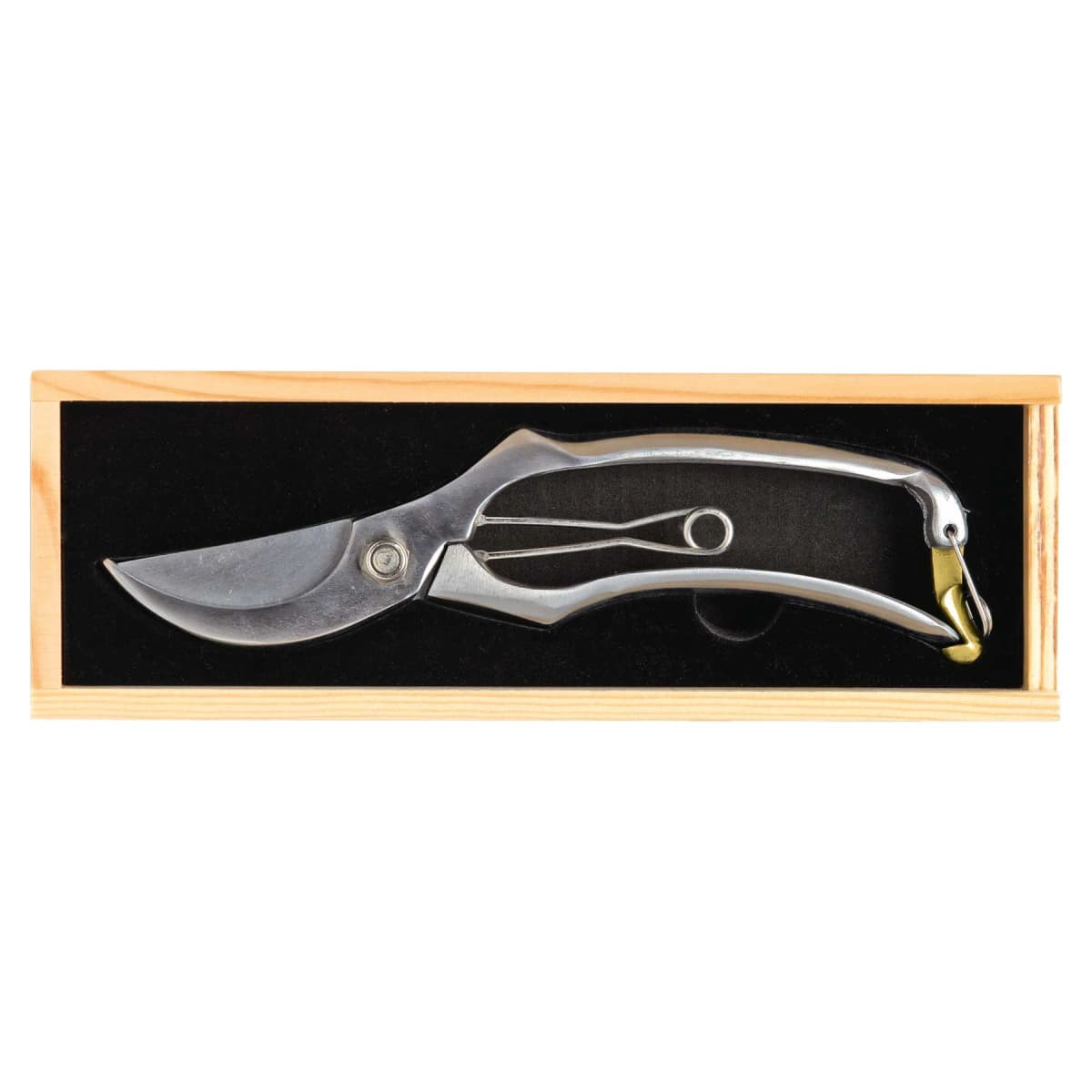 A pair of silver secateurs displayed in a wooden box with a black interior. It features a metal clasp.