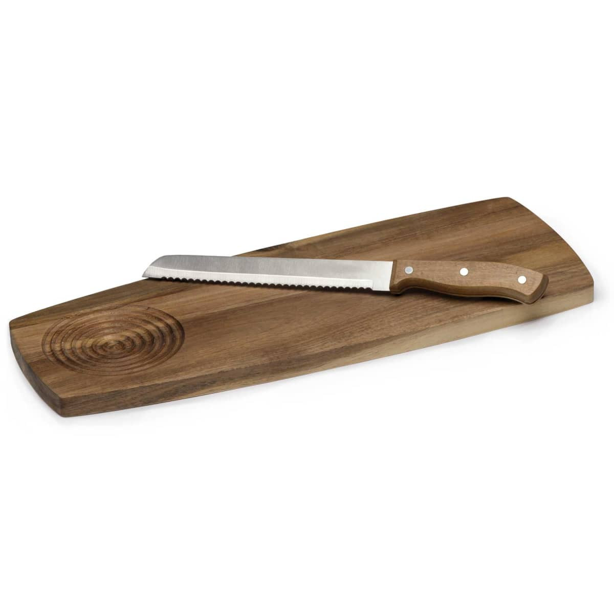 A wooden cheese board with a smooth finish and a serrated knife, showcasing natural tones and a circular design.