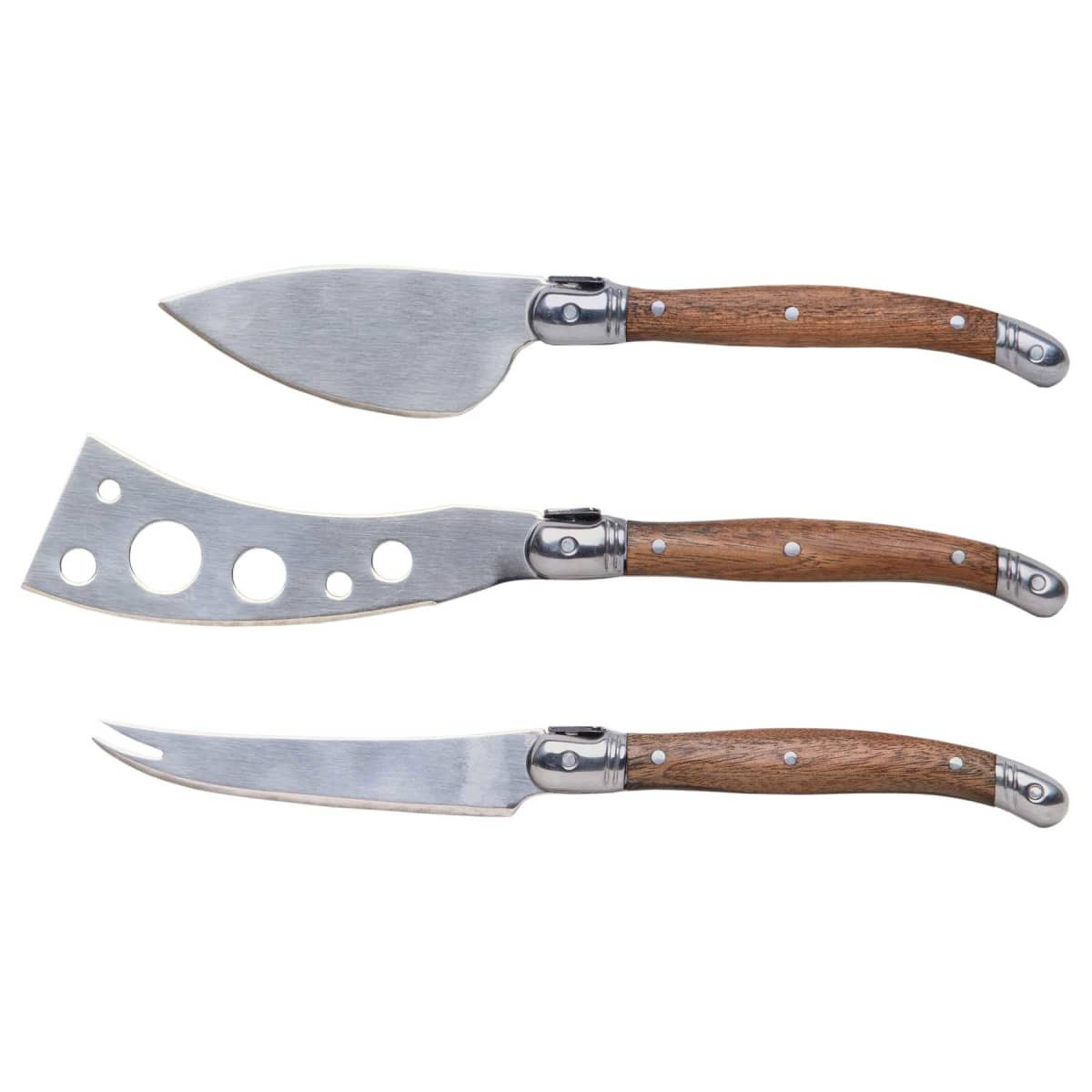 A set of three stainless steel cheese knives with wooden handles, featuring a pointed, spreading, and slicing knife.