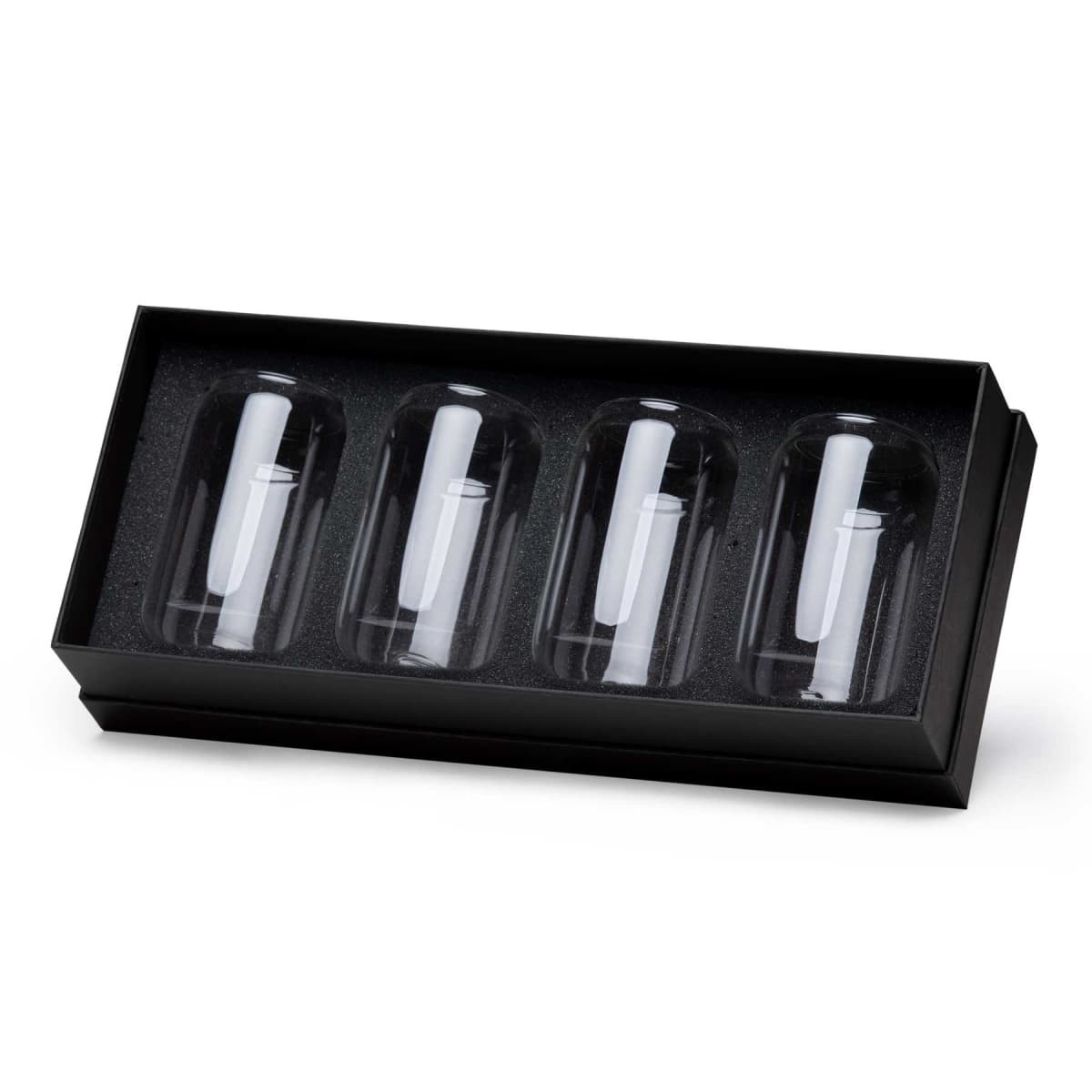 A set of four clear beer can glasses, displayed in a black gift box with foam padding.