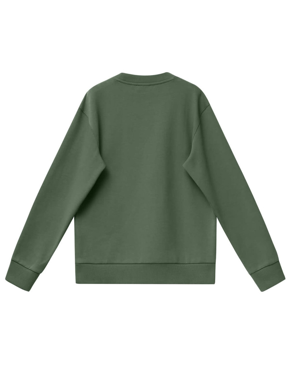A green unisex crew neck sweater with a simple design and ribbed cuffs. Features a branding logo.