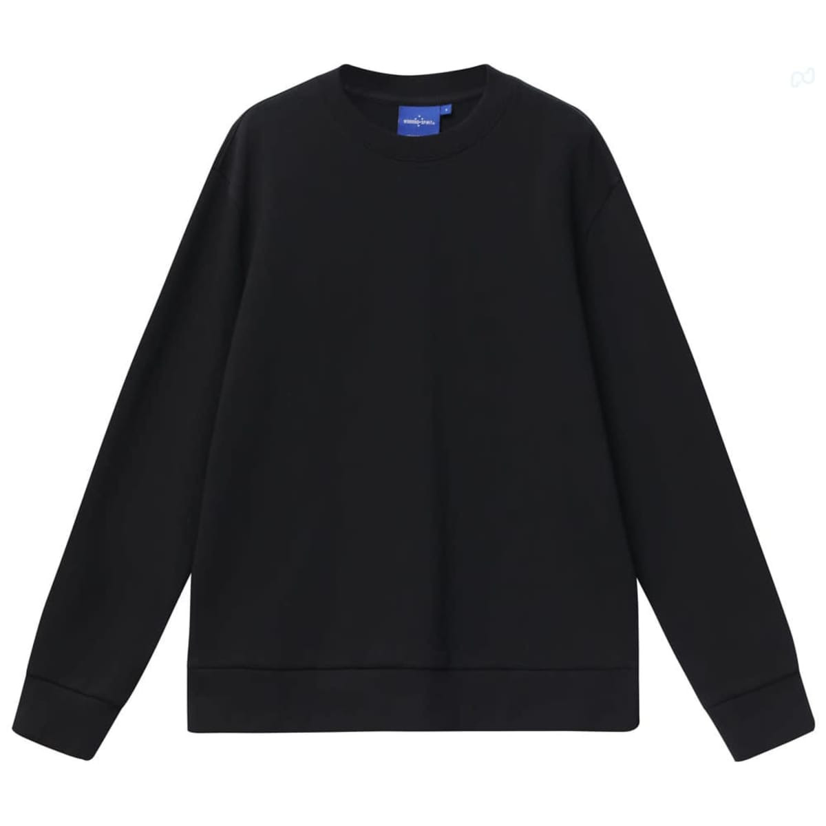 A black unisex crew neck sweater with long sleeves and a simple design. It features a small logo on the neckline.