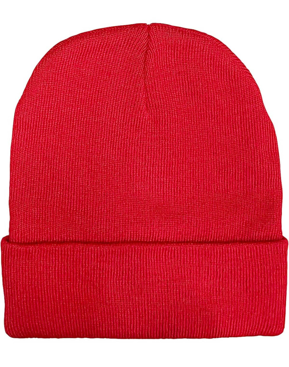 A red beanie with a ribbed texture and a rolled cuff, featuring a logo on the side.