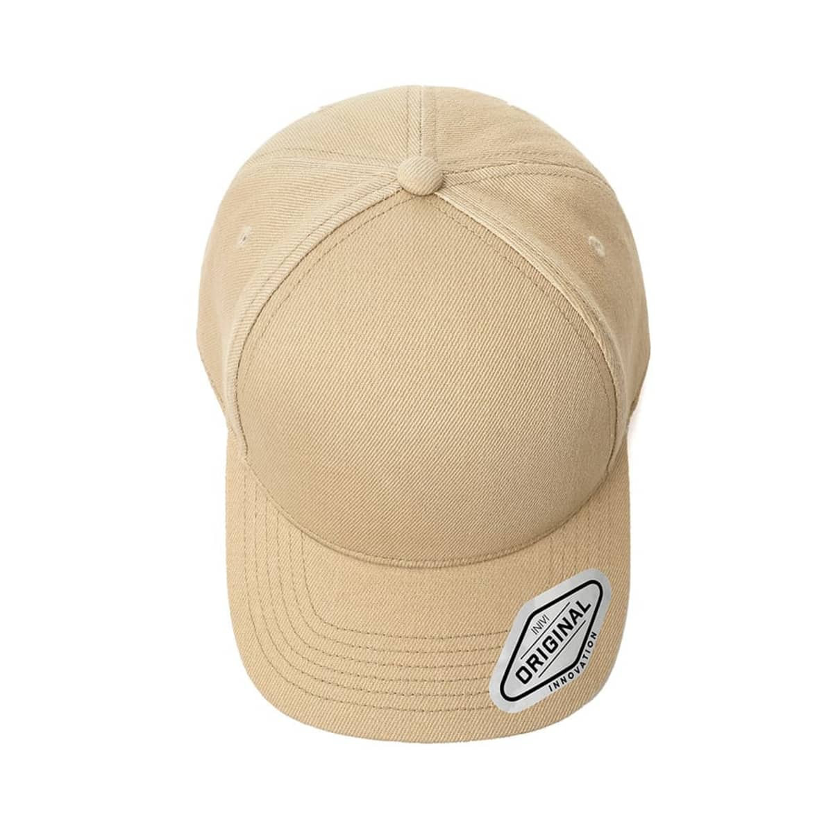 A beige cap with a curved brim and a logo on the side. The cap has a classic design.