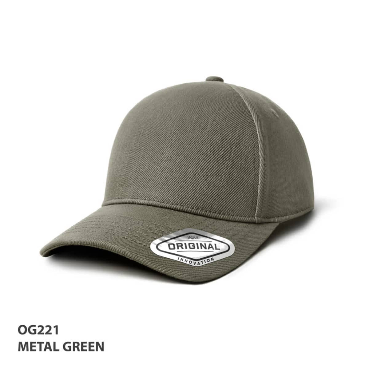 A metal green cap with a curved brim and a logo. The cap has a fitted design for a snug fit.