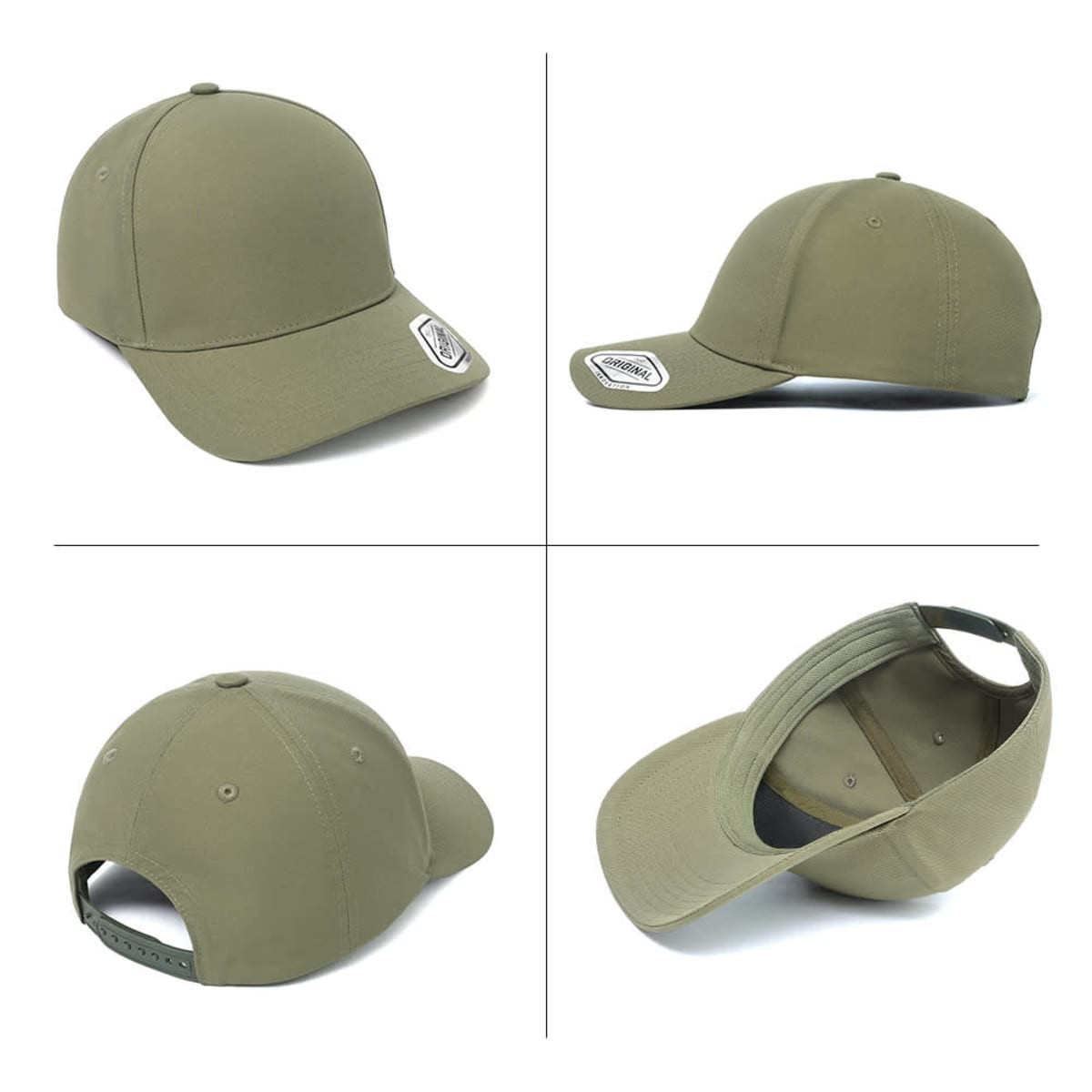 A khaki cap featuring a structured design, showcasing various angles including the front, side, and inside view, with a logo.