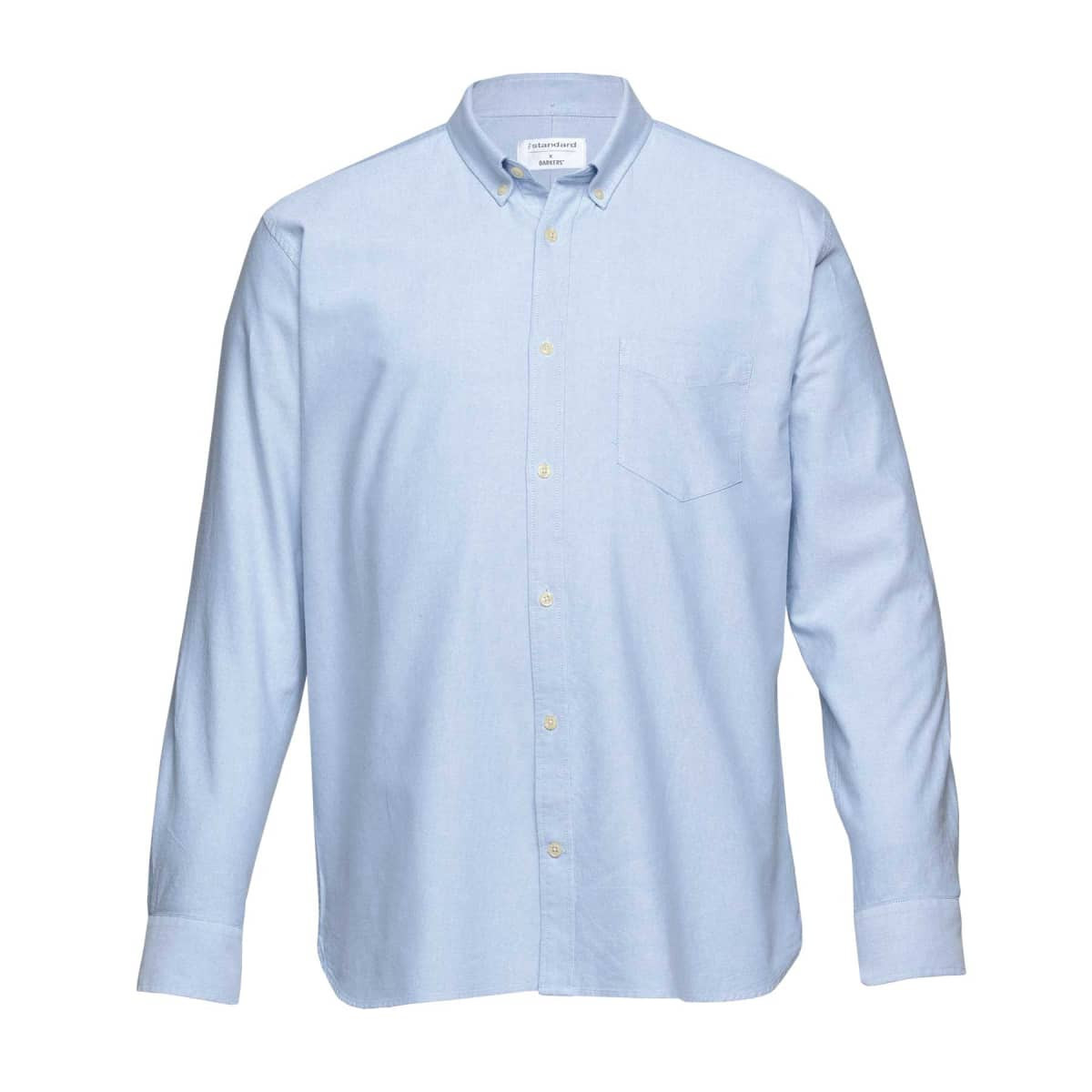 A light blue button-up shirt with long sleeves and a chest pocket. It features a collar and has a logo.