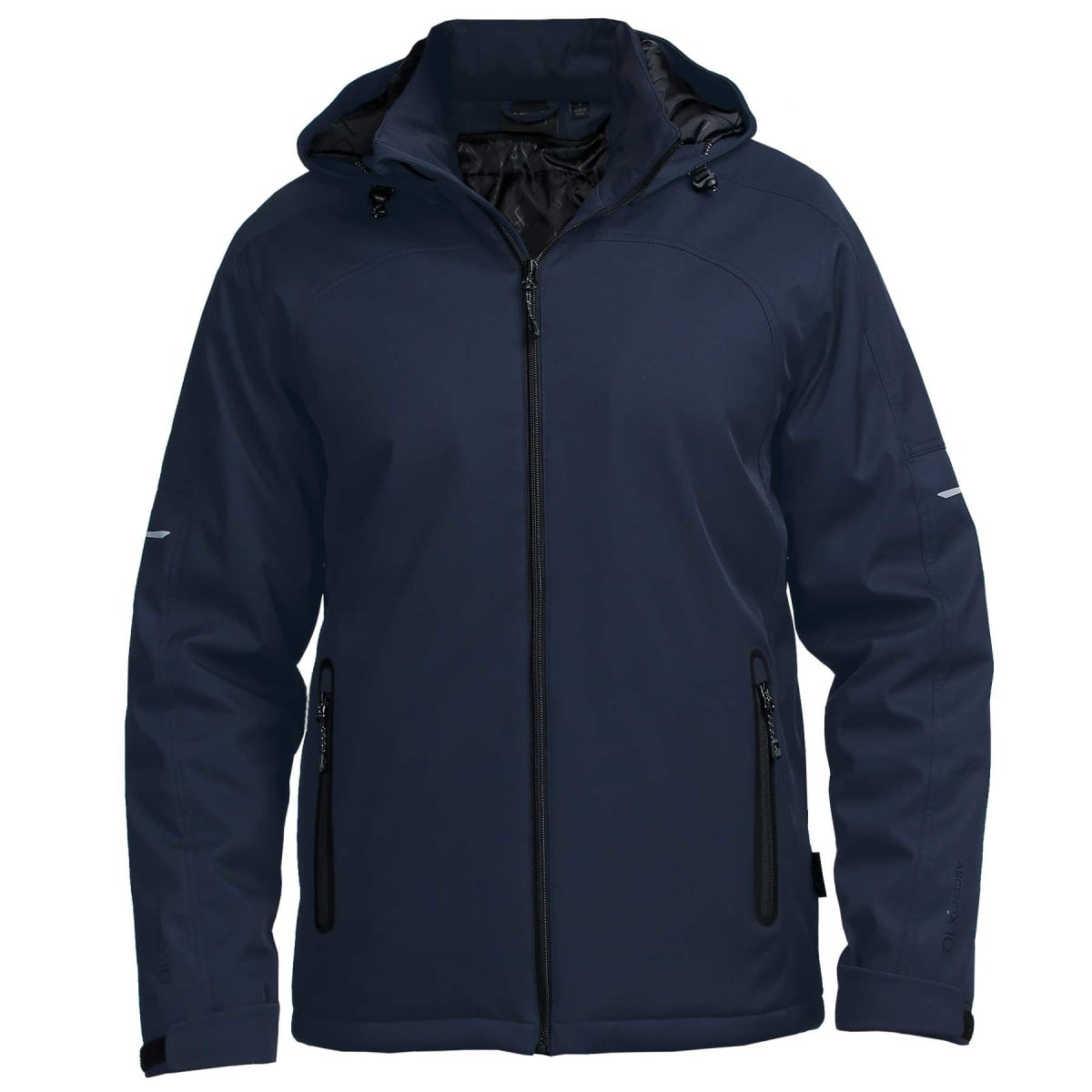 A navy soft shell jacket with a hood, featuring zippered pockets and a logo on the chest.