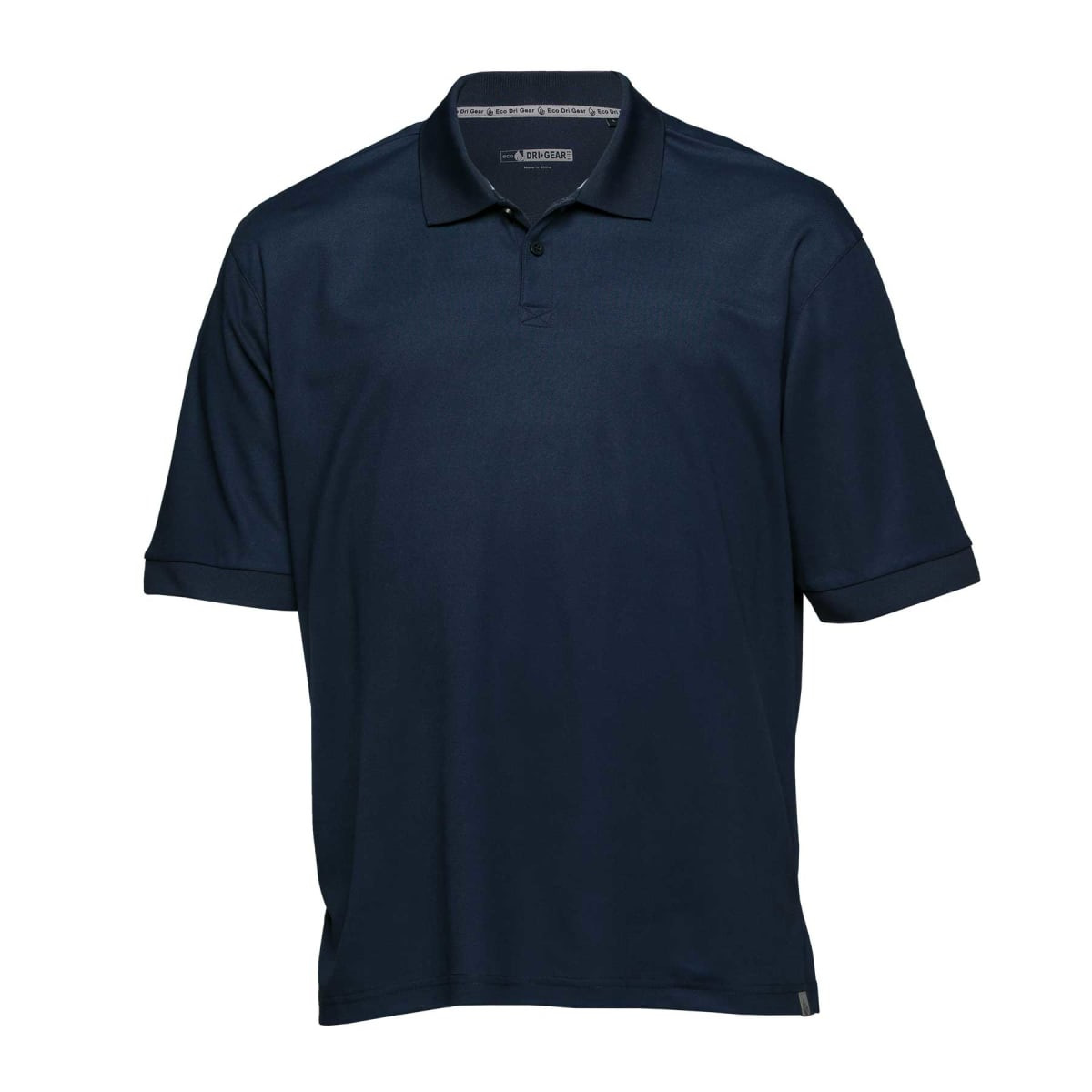 A navy blue polo shirt with short sleeves and a collar, featuring a logo on the fabric.