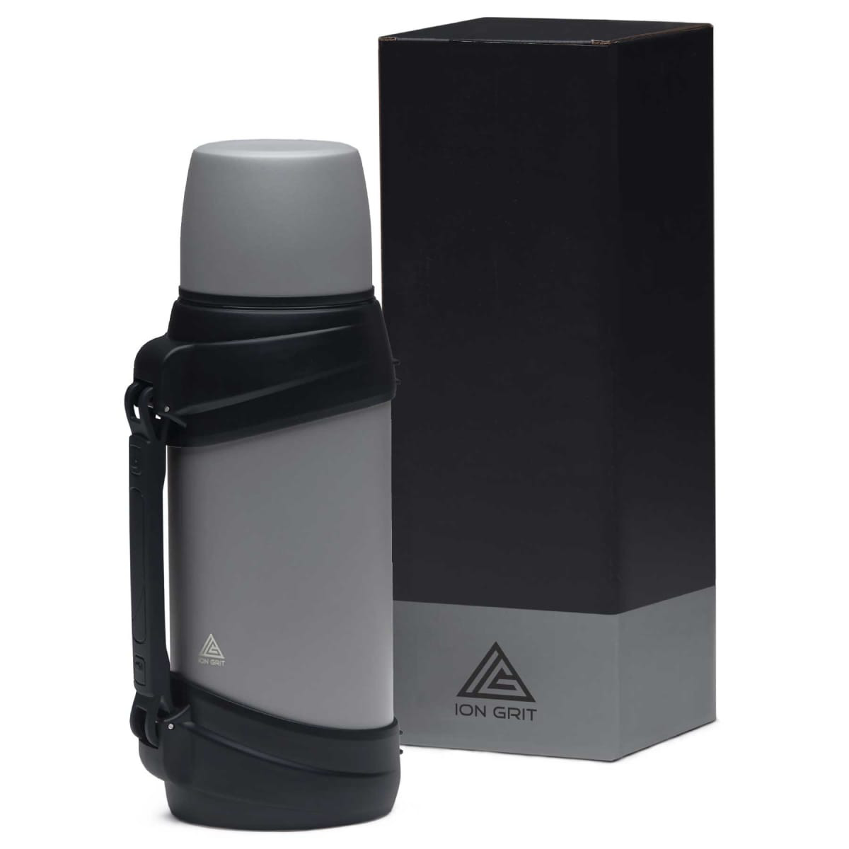 A drink bottle with a grey body and a black lid, packaged in a black box, featuring a logo.