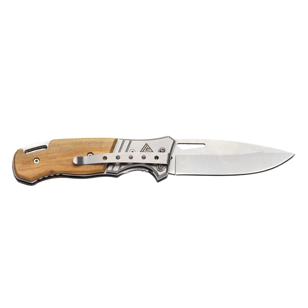 A pocket knife with a silver metal blade and a wooden handle, featuring decorative elements and a logo.