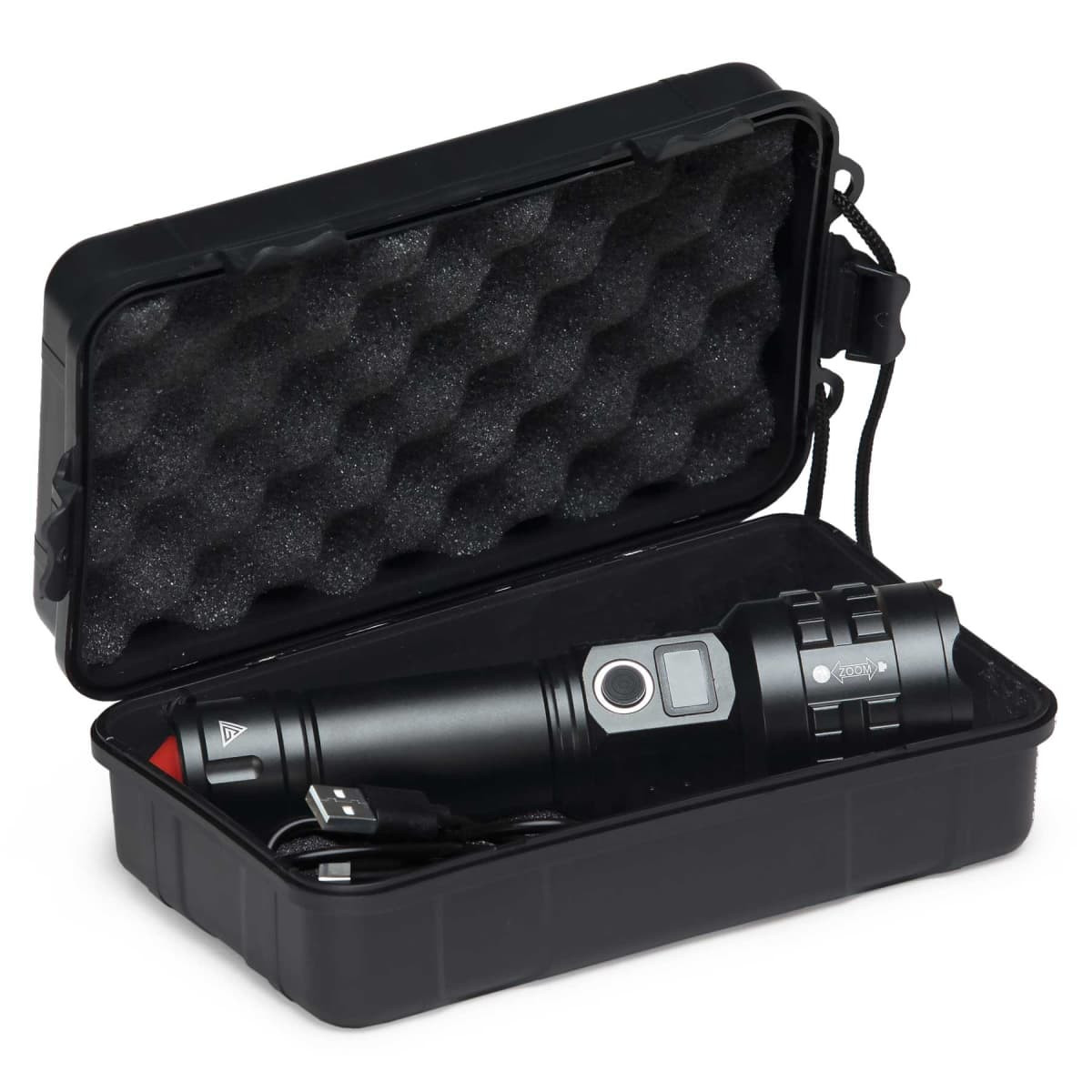 A black torch in a plastic case, featuring a charging cable and a textured interior. The torch has a silver button and detailing.