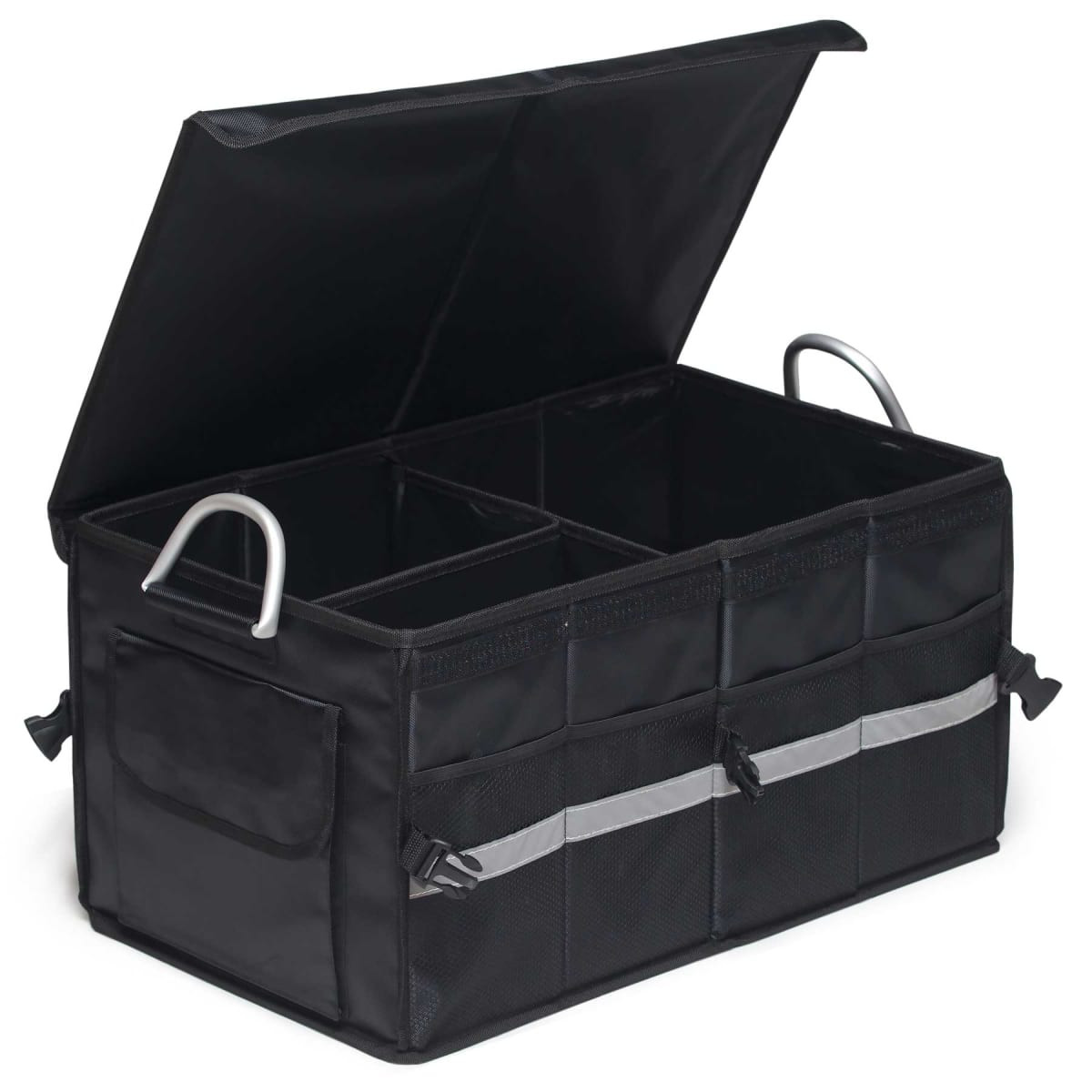 A black storage organiser with multiple compartments, featuring a sturdy lid and side handles. It has a logo on the side.