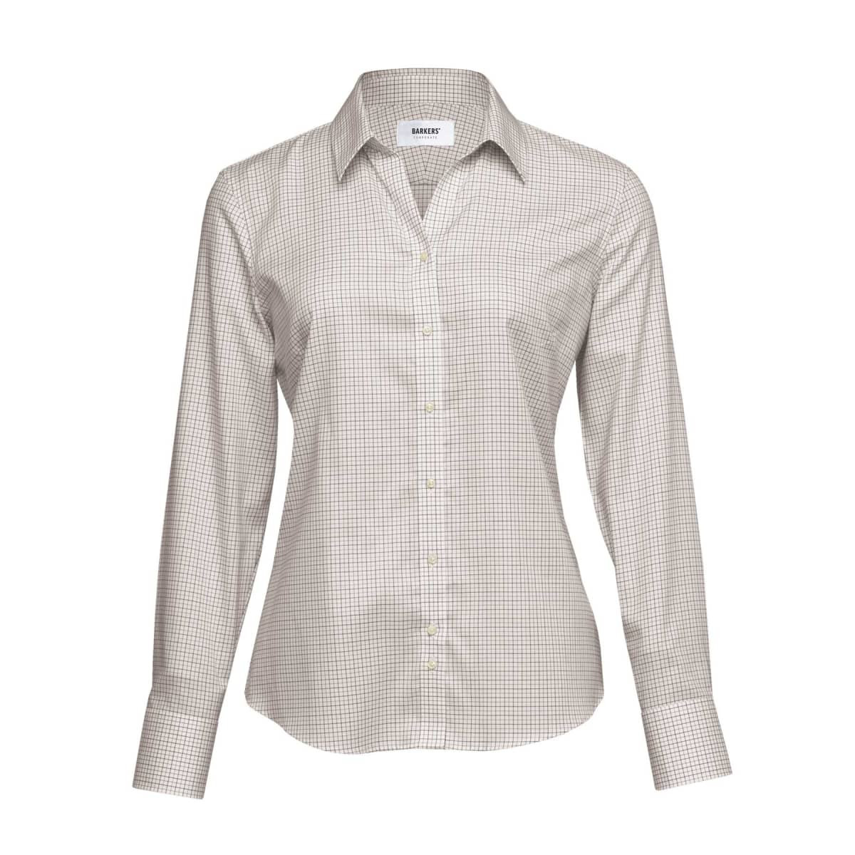 A women's button-up shirt in a cream and brown check pattern, featuring a collar and long sleeves. Includes a logo.