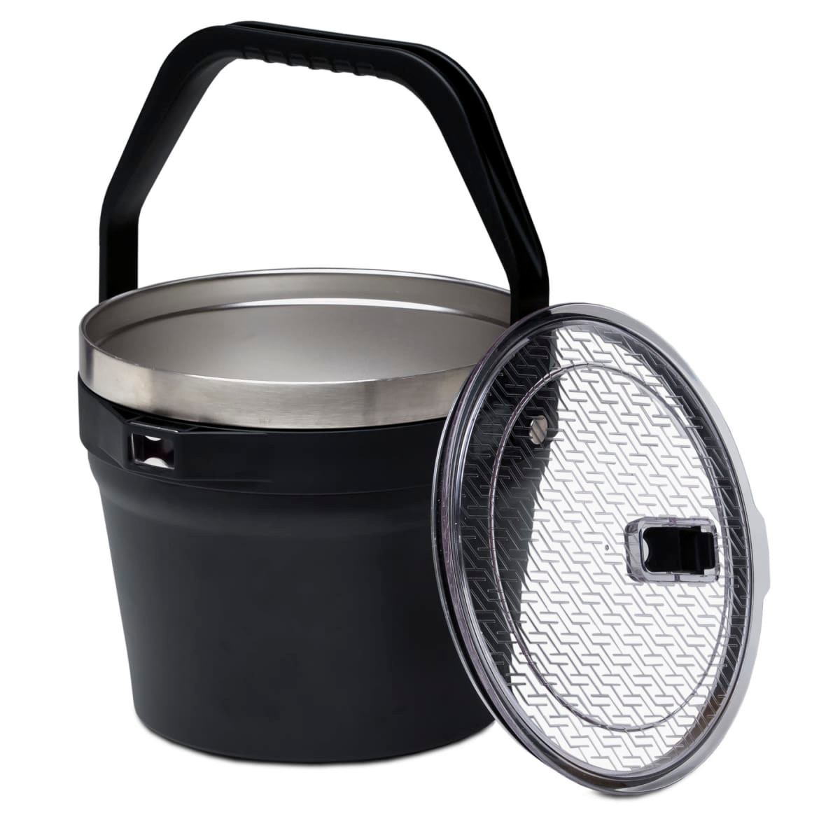 A black bucket with a stainless steel inner lining and a clear, patterned lid, featuring a handle.