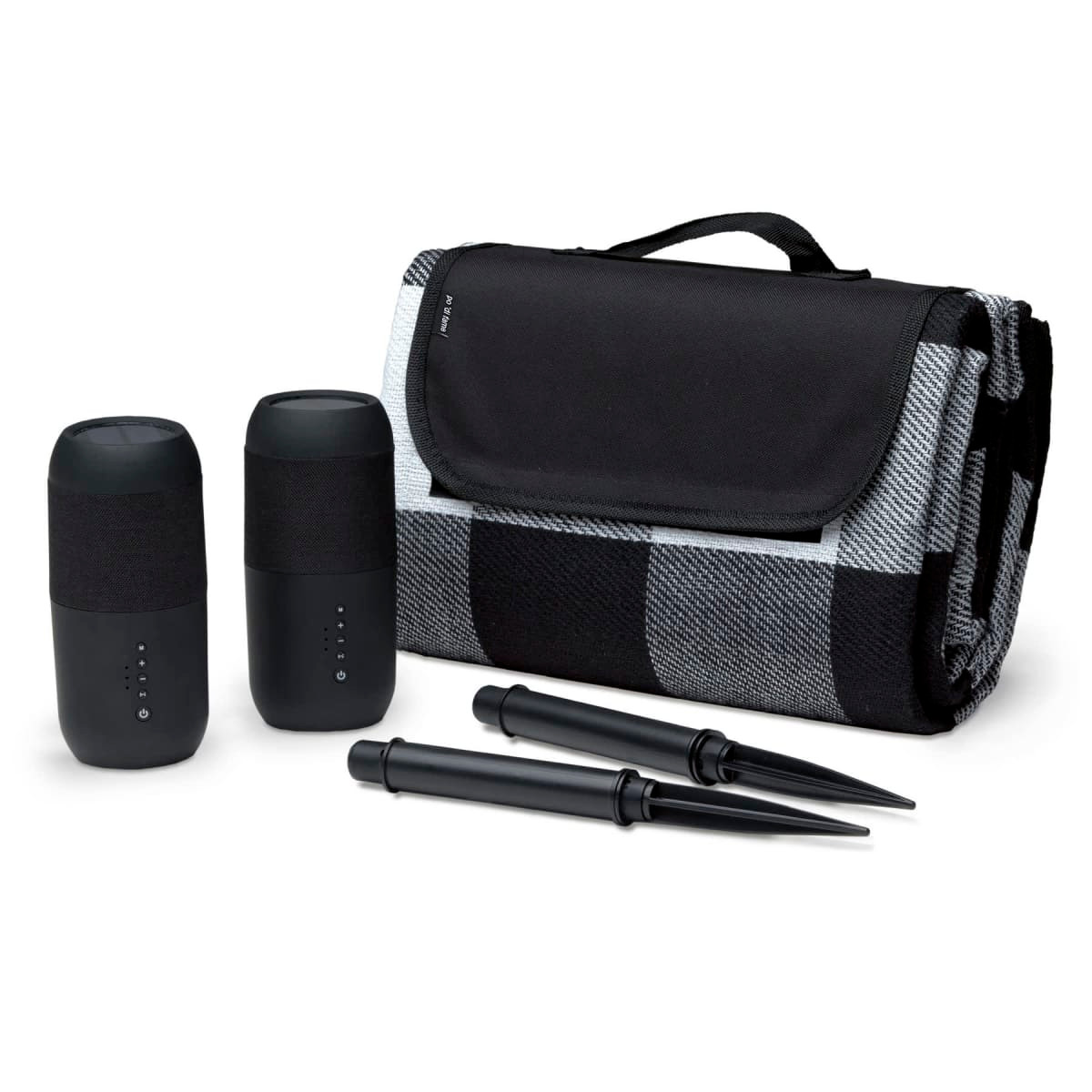 A black and grey checked blanket set, featuring two black speakers and two black stakes.