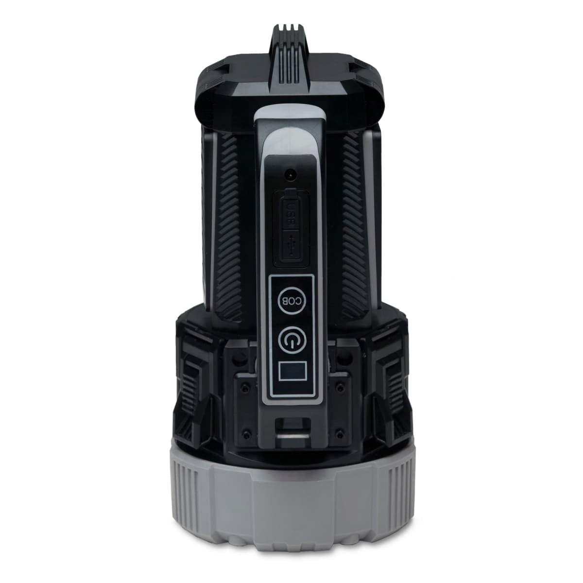 A black and grey OptiBeam Torch with a textured design and a control panel at the front.