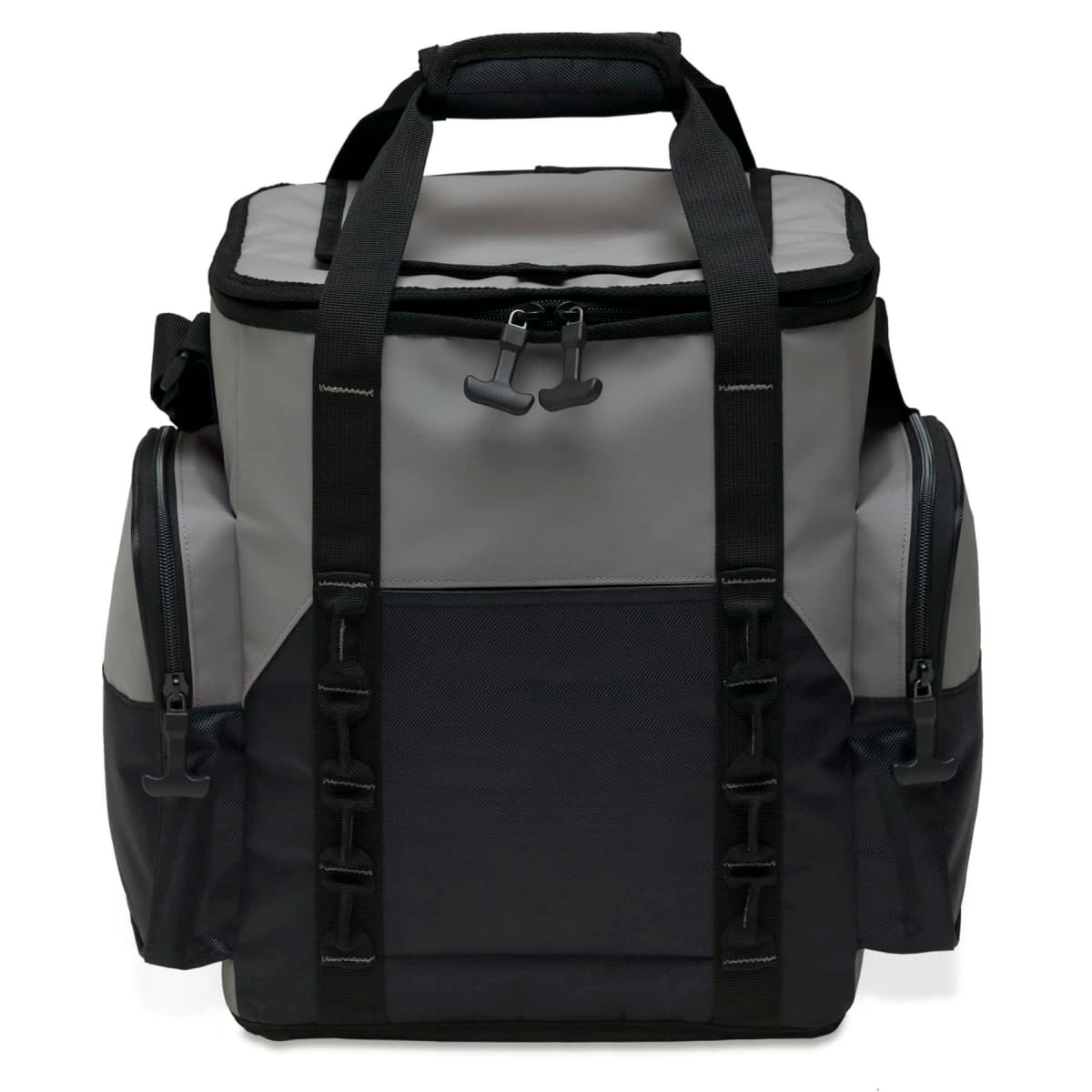 A grey and black cooler bag features multiple storage compartments and sturdy straps for easy carrying.