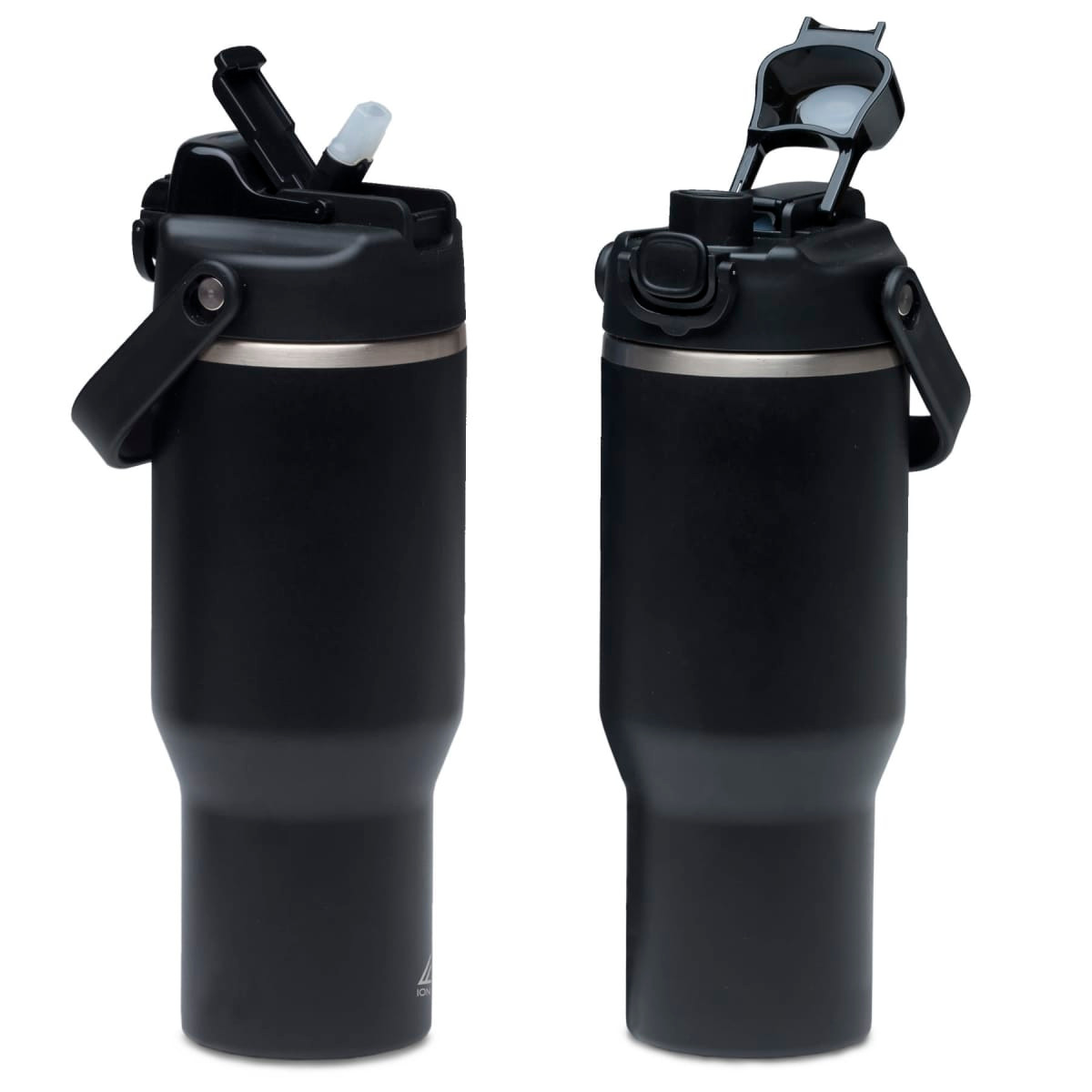 A drink bottle in matte black featuring a spill-proof lid and a built-in straw, with a secure handle and a logo.