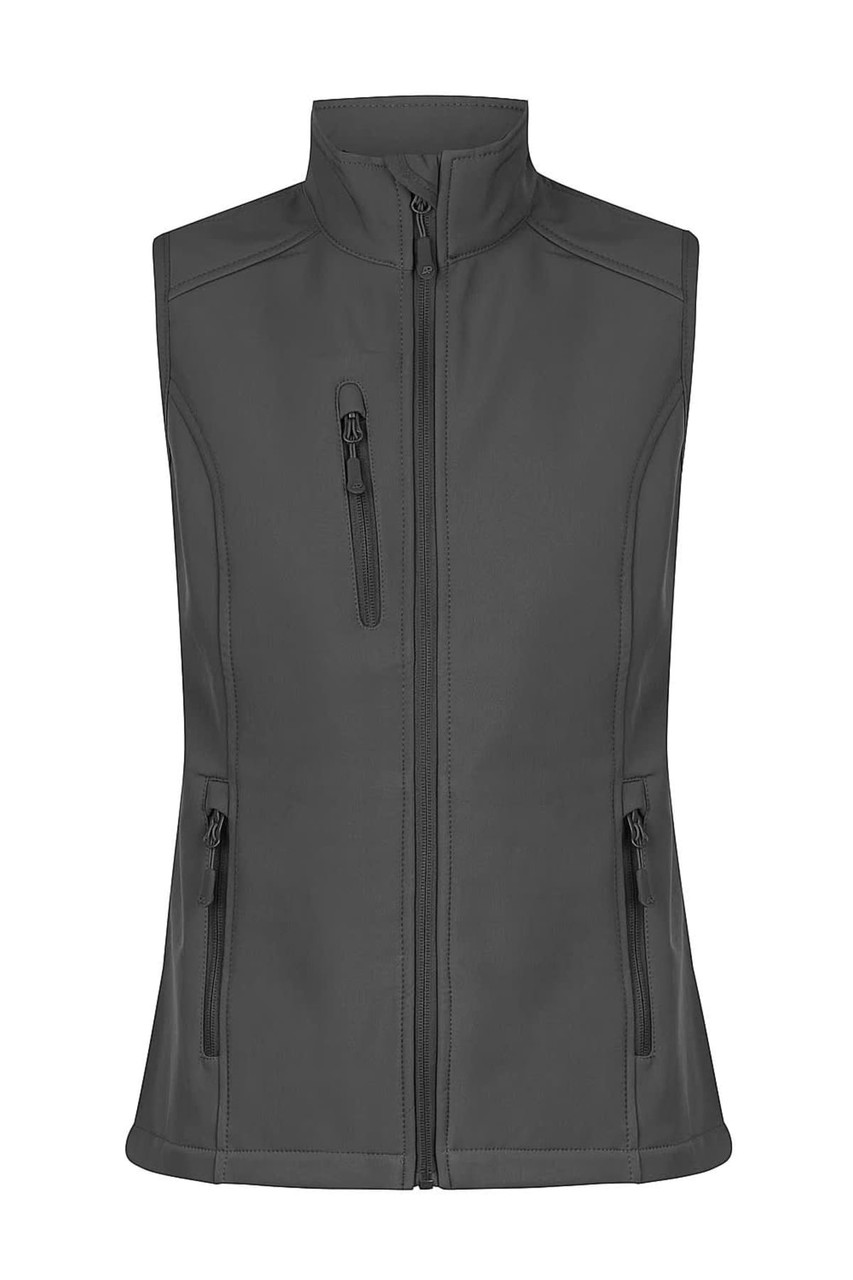 A dark grey work vest featuring a front zip, two side pockets, and a sleek design. It has a logo.