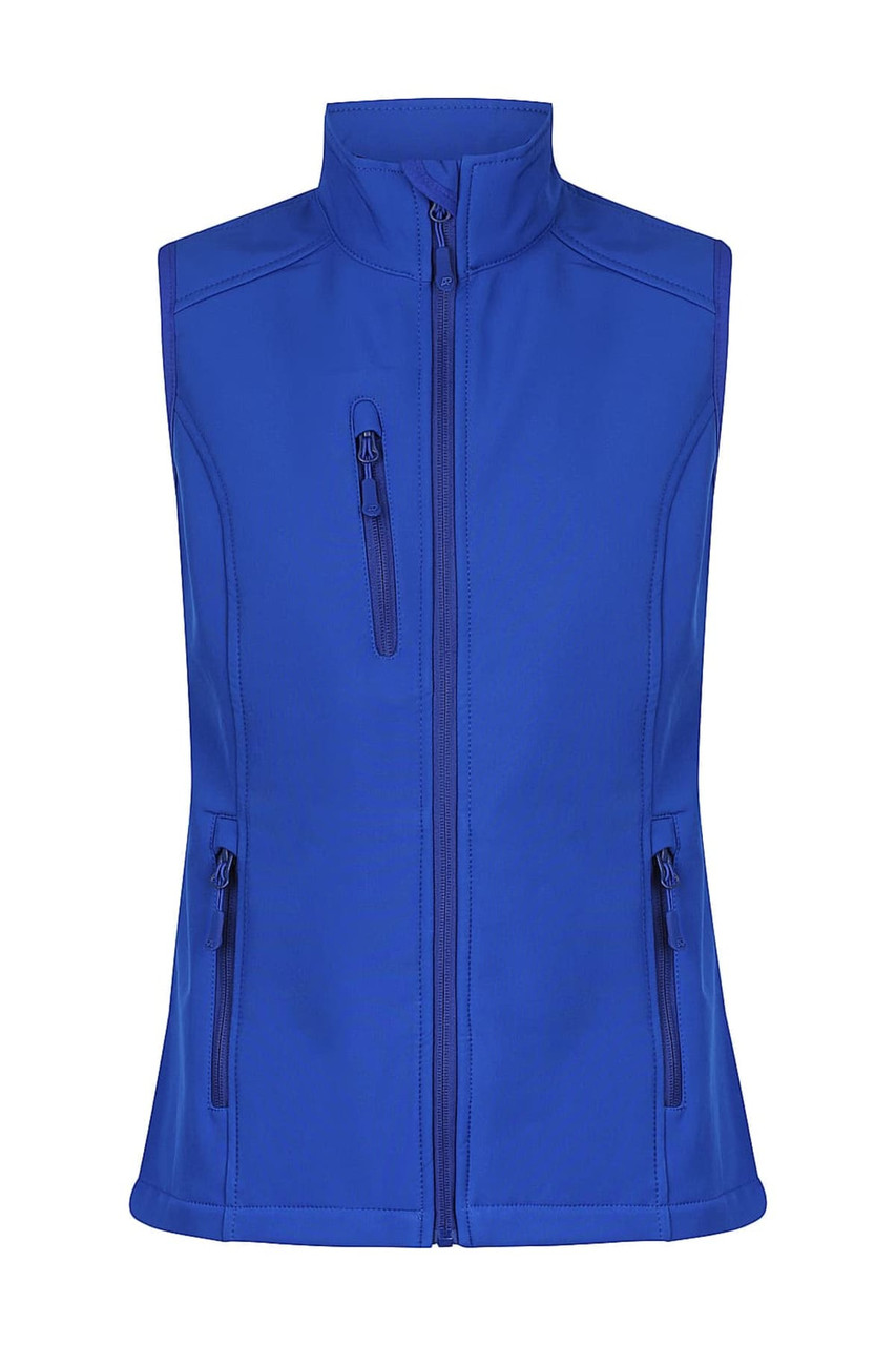 A blue work vest with a high collar and multiple zippered pockets, featuring a logo.