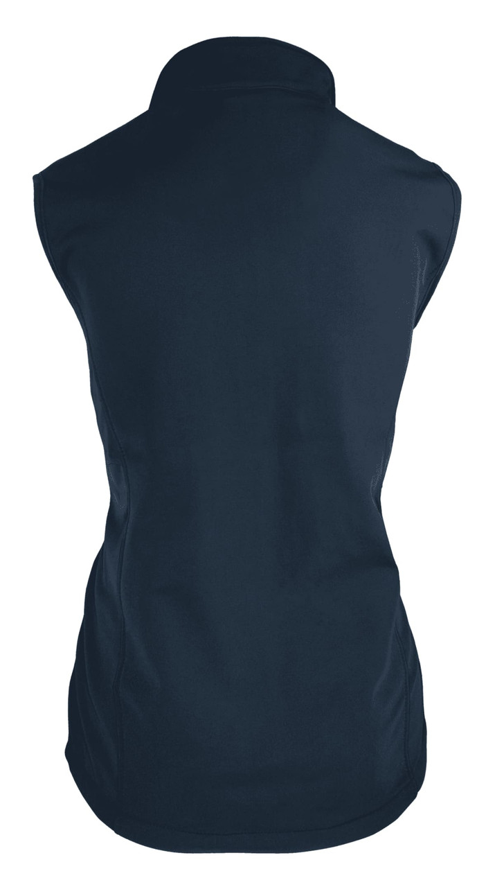 A navy work vest with a collar, featuring a fitted design and an unobtrusive logo.