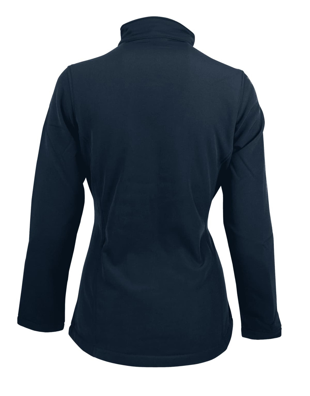 A soft shell jacket in navy blue with a high collar and long sleeves, featuring a logo on the back.